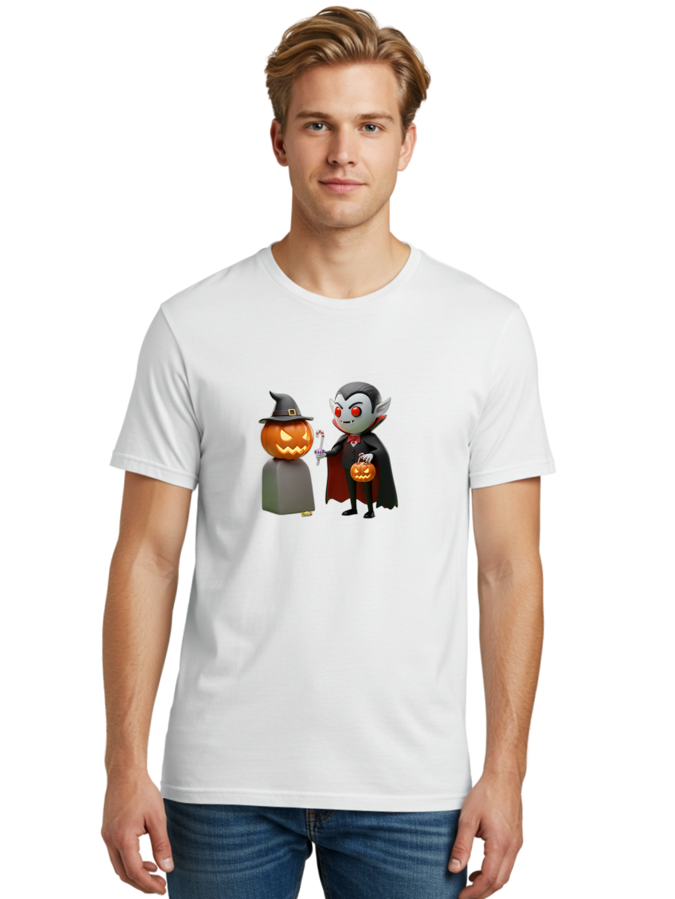 Vampire-And-Jack-O-Lantern Men'S Graphic Tee, 100% Cotton, Comfortable Casual Summer Wear, Machine Washable, Vampire Character, Jack-O-Lantern, Halloween Theme, Cartoon Style, Spooky Atmosphere, 3D Illustration, Trick Or Treat, Gothic, Fantasy Bad879