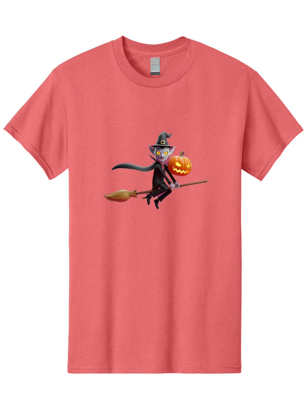 Vampire-Witch Men'S Graphic Tee, 100% Cotton, Comfortable Casual Summer Wear, Machine Washable, Vampire Witch Flying On Broomstick, Holding Jack-O-Lantern, Halloween Character, Spooky Atmosphere, Cartoon-Style Illustration, Bad881