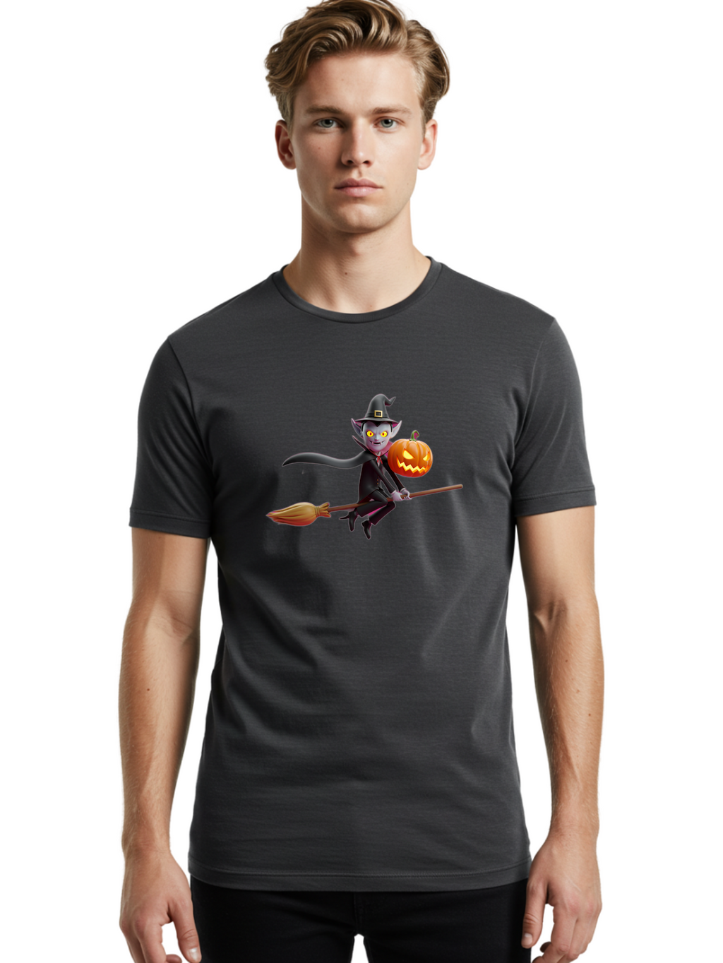 Vampire-Witch Men'S Graphic Tee, 100% Cotton, Comfortable Casual Summer Wear, Machine Washable, Vampire Witch Flying On Broomstick, Holding Jack-O-Lantern, Halloween Character, Spooky Atmosphere, Cartoon-Style Illustration, Bad881