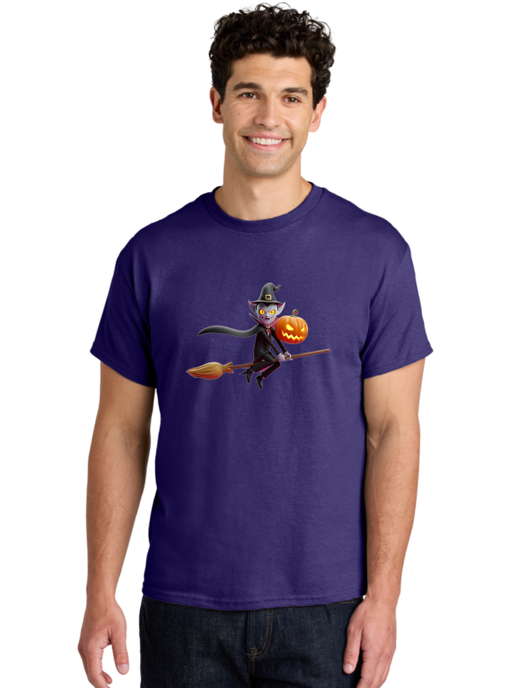 Vampire-Witch Men'S Graphic Tee, 100% Cotton, Comfortable Casual Summer Wear, Machine Washable, Vampire Witch Flying On Broomstick, Holding Jack-O-Lantern, Halloween Character, Spooky Atmosphere, Cartoon-Style Illustration, Bad881