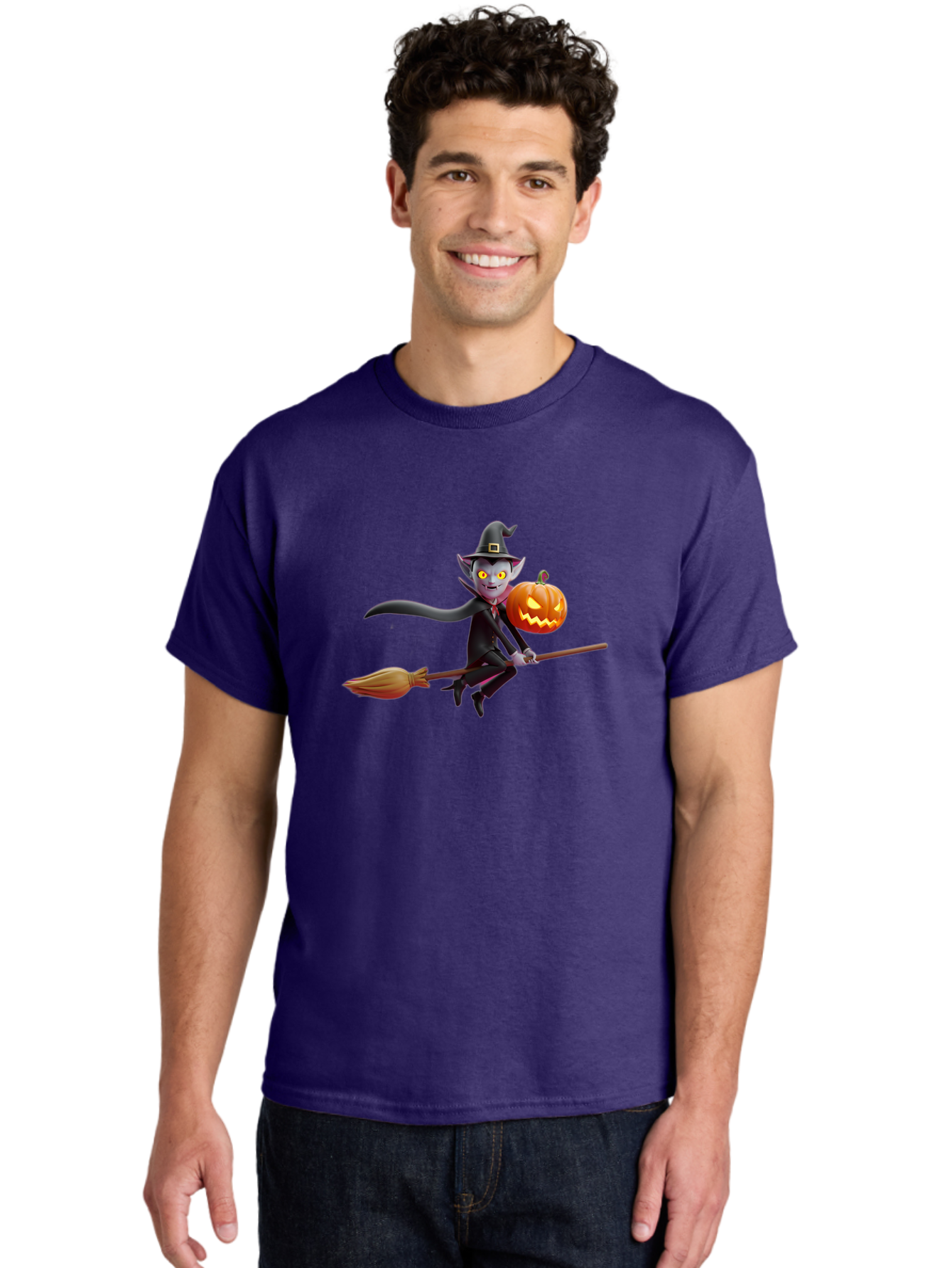 Vampire-Witch Men'S Graphic Tee, 100% Cotton, Comfortable Casual Summer Wear, Machine Washable, Vampire Witch Flying On Broomstick, Holding Jack-O-Lantern, Halloween Character, Spooky Atmosphere, Cartoon-Style Illustration, Bad881