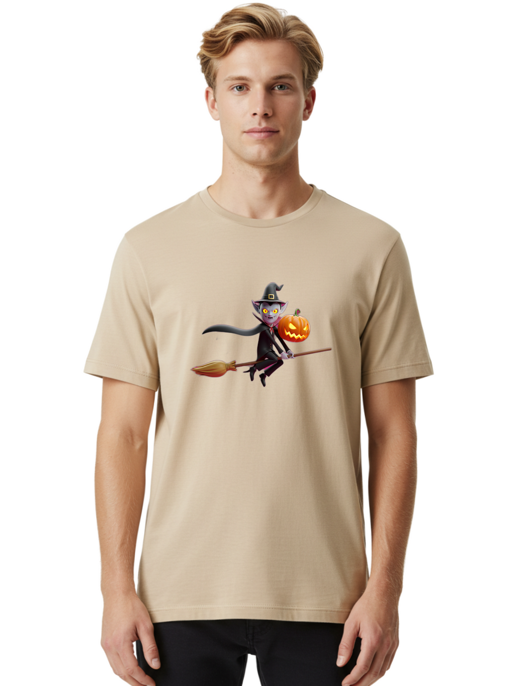 Vampire-Witch Men'S Graphic Tee, 100% Cotton, Comfortable Casual Summer Wear, Machine Washable, Vampire Witch Flying On Broomstick, Holding Jack-O-Lantern, Halloween Character, Spooky Atmosphere, Cartoon-Style Illustration, Bad881