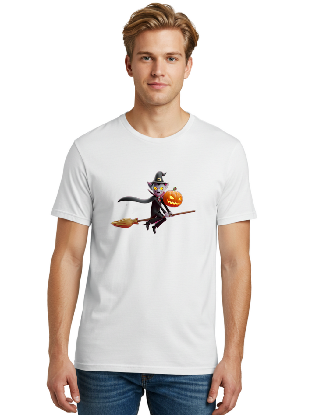 Vampire-Witch Men'S Graphic Tee, 100% Cotton, Comfortable Casual Summer Wear, Machine Washable, Vampire Witch Flying On Broomstick, Holding Jack-O-Lantern, Halloween Character, Spooky Atmosphere, Cartoon-Style Illustration, Bad881