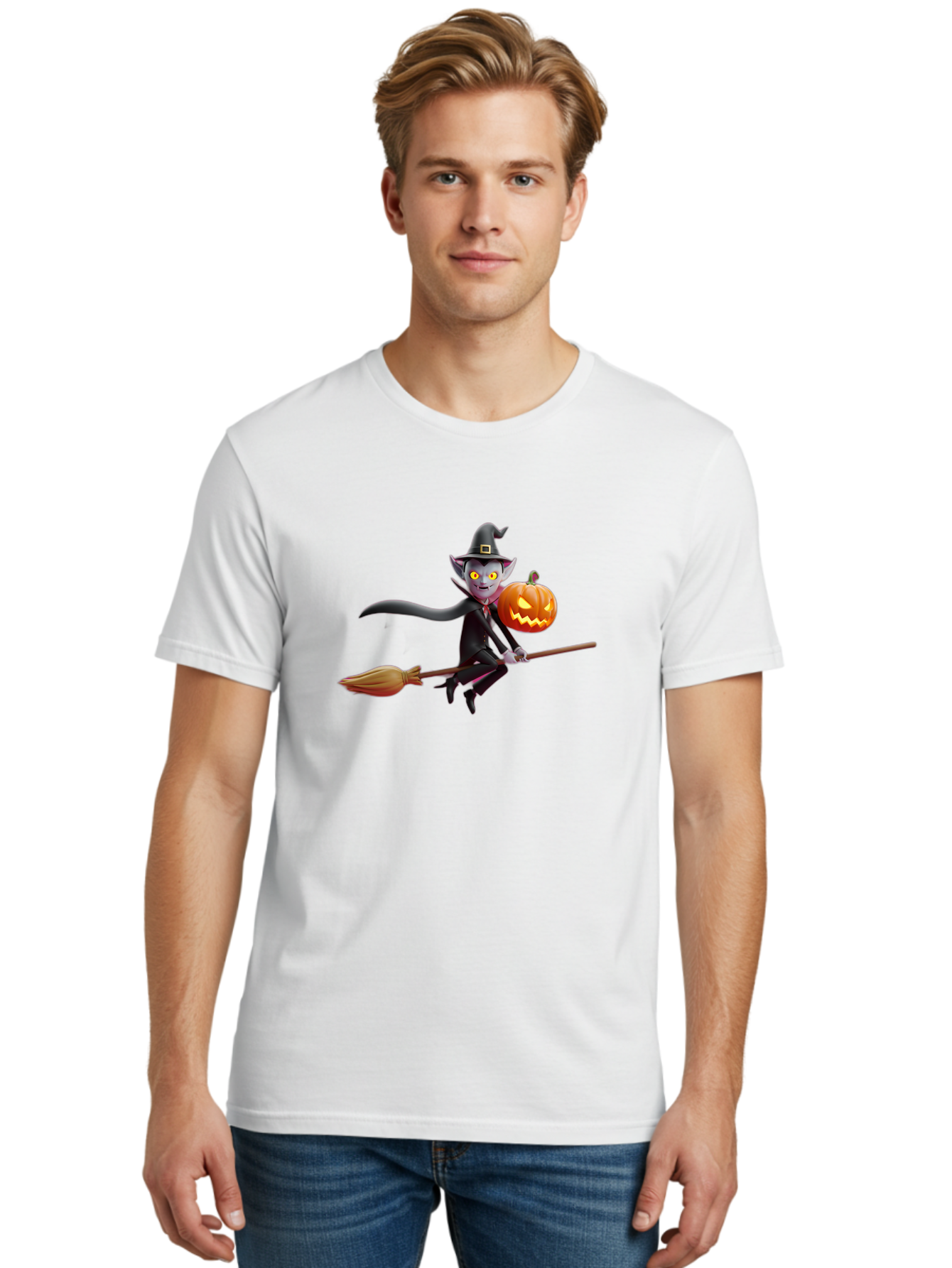 Vampire-Witch Men'S Graphic Tee, 100% Cotton, Comfortable Casual Summer Wear, Machine Washable, Vampire Witch Flying On Broomstick, Holding Jack-O-Lantern, Halloween Character, Spooky Atmosphere, Cartoon-Style Illustration, Bad881