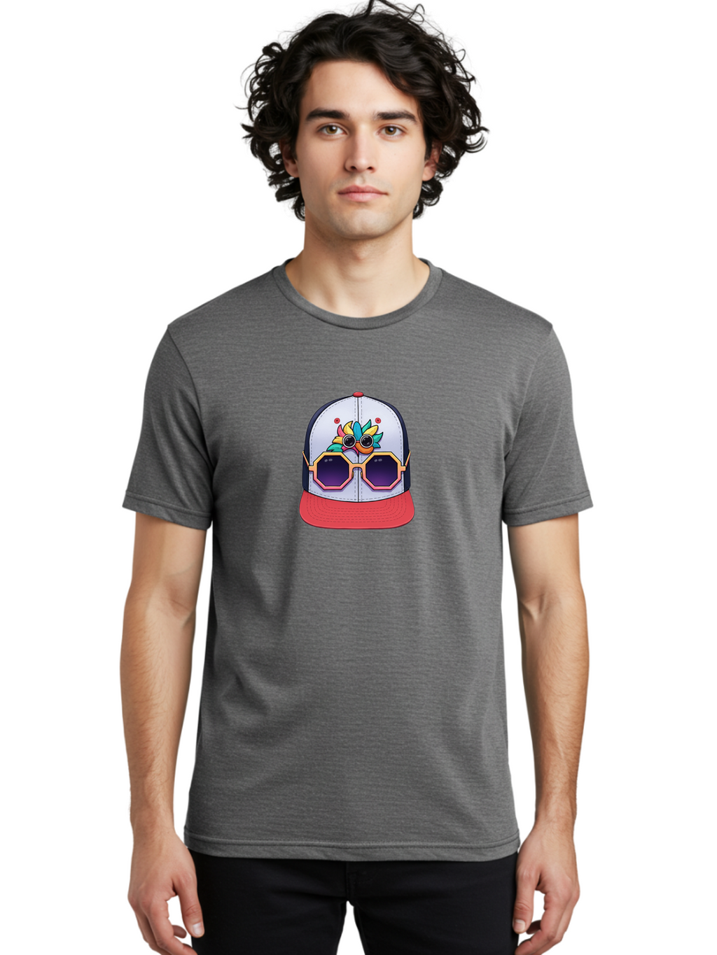 Vaporwave-Baseball-Cap Men'S Graphic Tee, 100% Cotton, Comfortable Casual Summer Wear, Machine Washable, Futuristic Baseball Cap, Colorful Design, Sunglasses On Hat, Neon Lights, Cyberpunk Style, Futuristic Fashion, Streetwear, Bad883