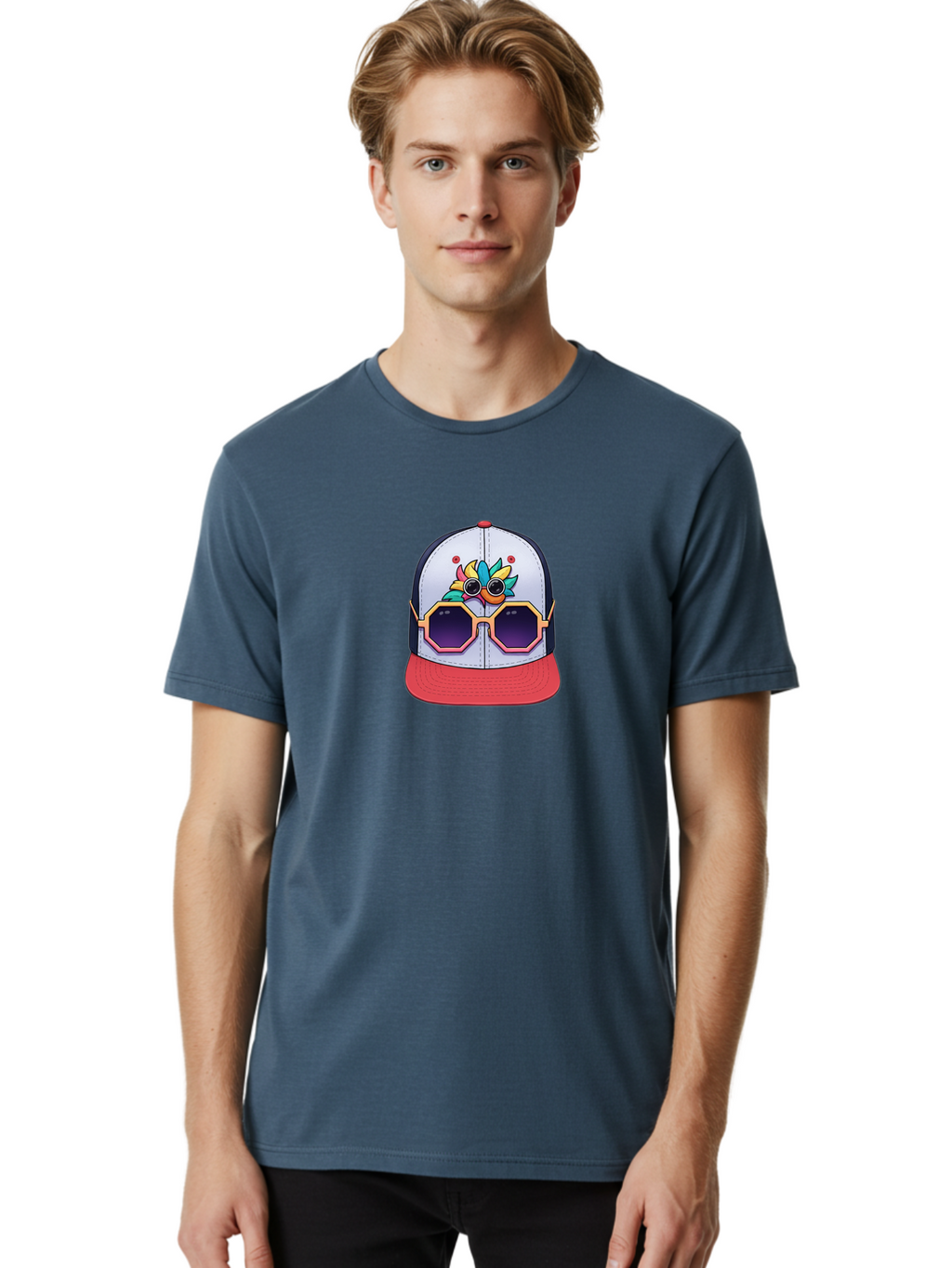 Vaporwave-Baseball-Cap Men'S Graphic Tee, 100% Cotton, Comfortable Casual Summer Wear, Machine Washable, Futuristic Baseball Cap, Colorful Design, Sunglasses On Hat, Neon Lights, Cyberpunk Style, Futuristic Fashion, Streetwear, Bad883
