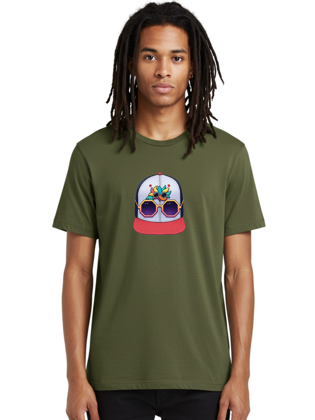 Vaporwave-Baseball-Cap Men'S Graphic Tee, 100% Cotton, Comfortable Casual Summer Wear, Machine Washable, Futuristic Baseball Cap, Colorful Design, Sunglasses On Hat, Neon Lights, Cyberpunk Style, Futuristic Fashion, Streetwear, Bad883