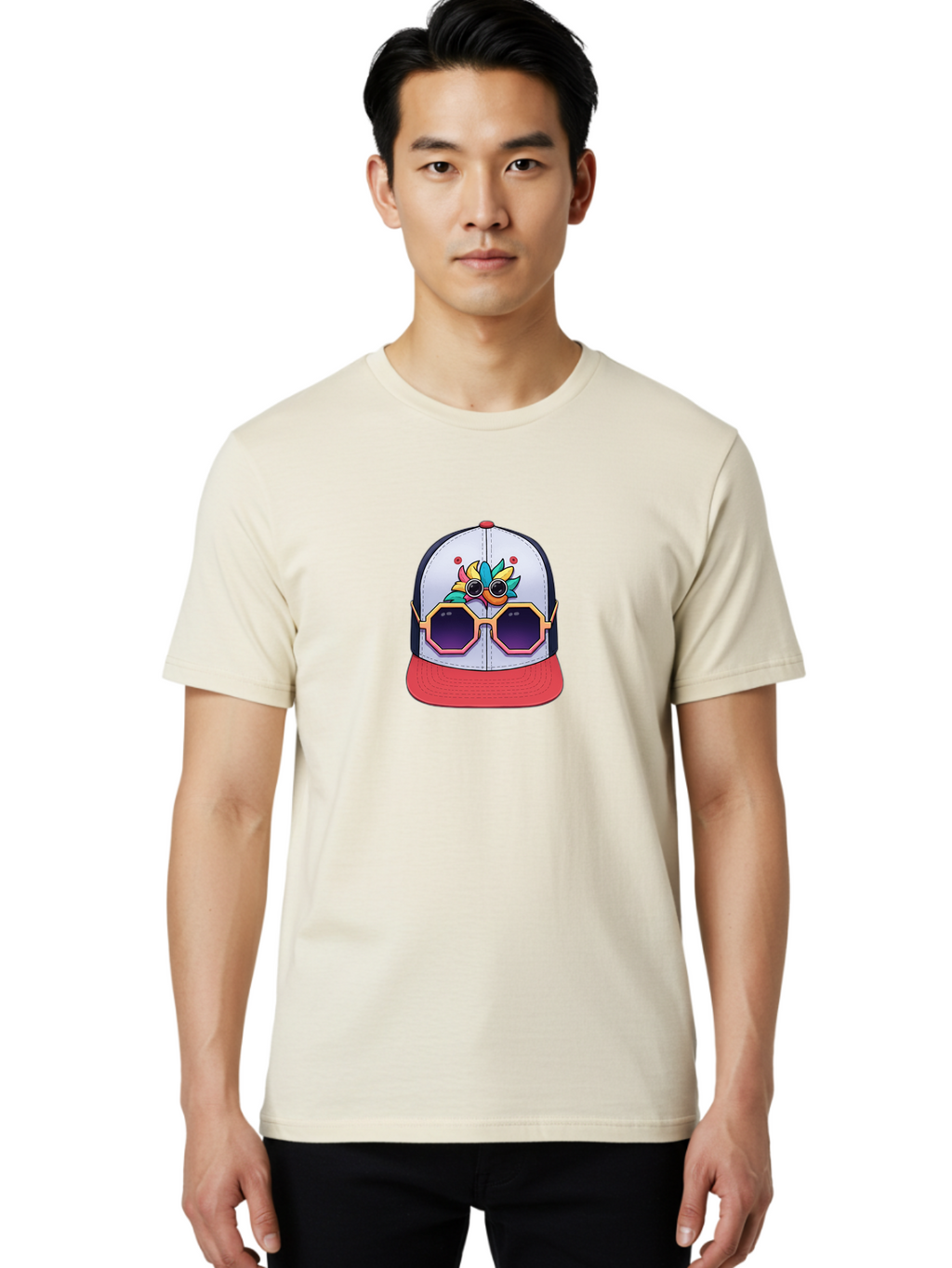 Vaporwave-Baseball-Cap Men'S Graphic Tee, 100% Cotton, Comfortable Casual Summer Wear, Machine Washable, Futuristic Baseball Cap, Colorful Design, Sunglasses On Hat, Neon Lights, Cyberpunk Style, Futuristic Fashion, Streetwear, Bad883