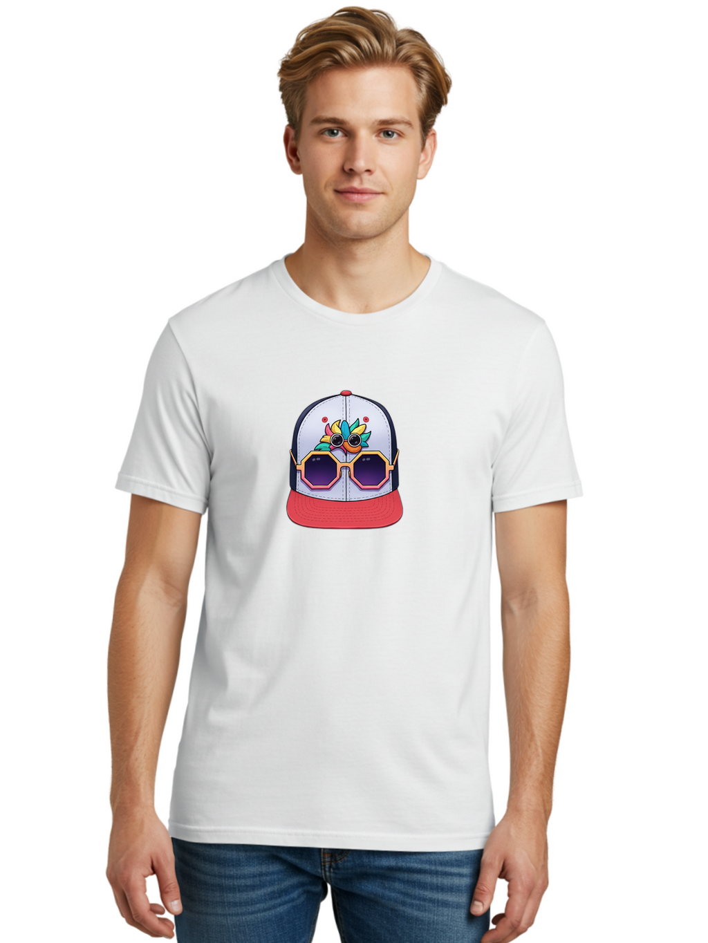 Vaporwave-Baseball-Cap Men'S Graphic Tee, 100% Cotton, Comfortable Casual Summer Wear, Machine Washable, Futuristic Baseball Cap, Colorful Design, Sunglasses On Hat, Neon Lights, Cyberpunk Style, Futuristic Fashion, Streetwear, Bad883