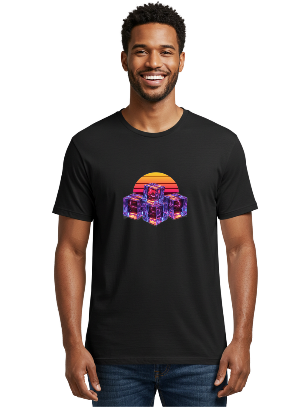 Vaporwave-Cubes Men'S Graphic Tee, 100% Cotton, Comfortable Casual Summer Wear, Machine Washable, Vaporwave Art, Retro Futuristic Style, Neon Lights, Glowing Cubes, 80S Aesthetic, Synthwave, Futuristic Landscape, Retro Colors, Bad884