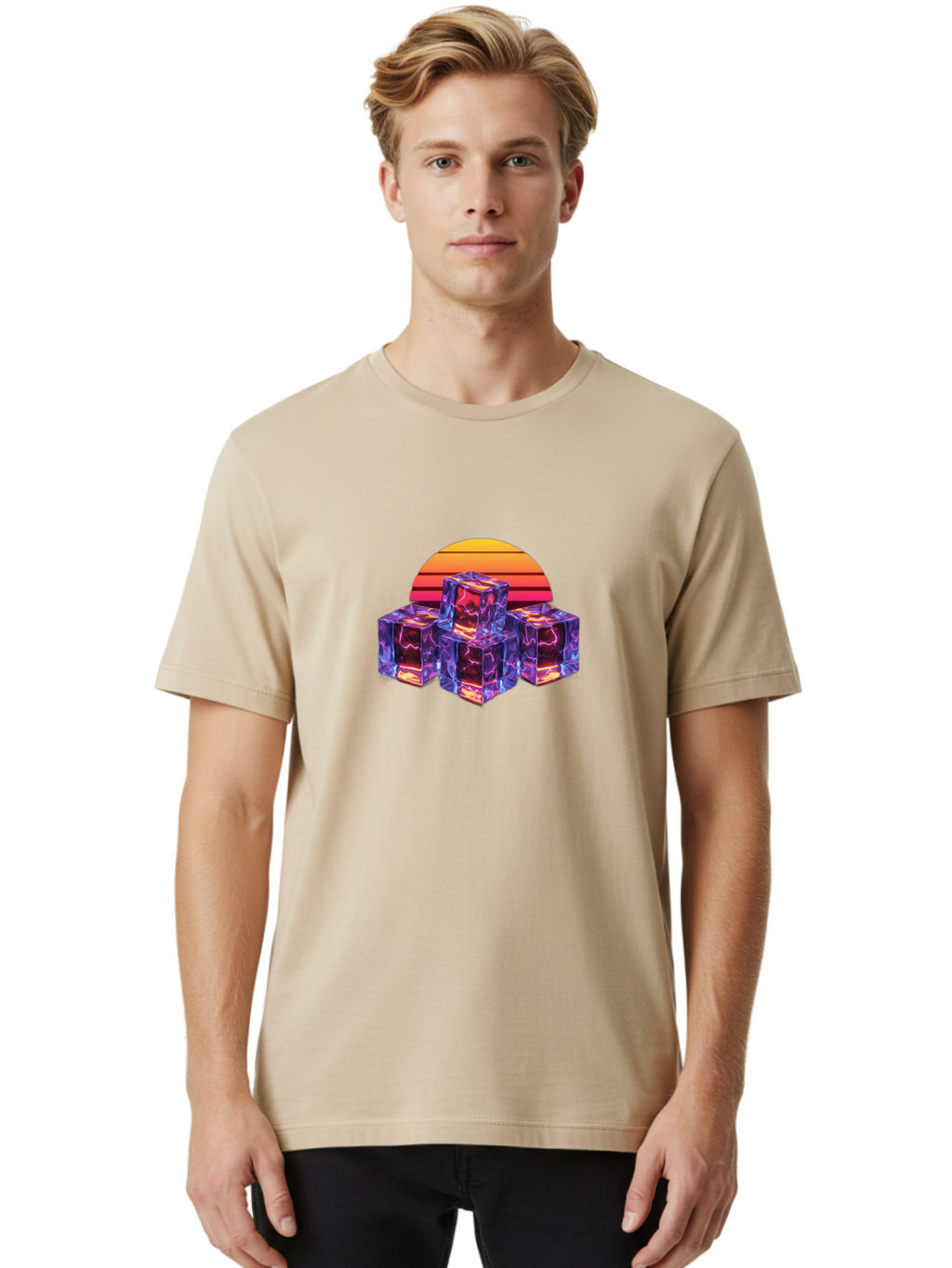 Vaporwave-Cubes Men'S Graphic Tee, 100% Cotton, Comfortable Casual Summer Wear, Machine Washable, Vaporwave Art, Retro Futuristic Style, Neon Lights, Glowing Cubes, 80S Aesthetic, Synthwave, Futuristic Landscape, Retro Colors, Bad884