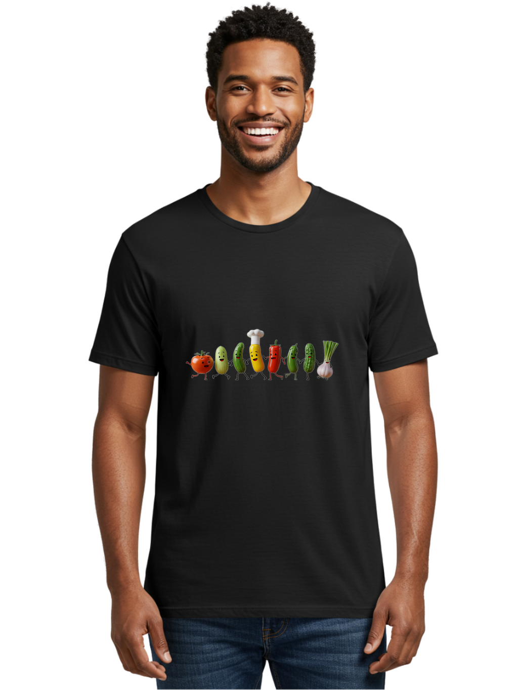 Vegetable-Crew Men'S Graphic Tee, 100% Cotton, Comfortable Casual Summer Wear, Machine Washable, Cartoon Vegetables, Funny Characters, Chef Hat, Tomato, Pickle, Pepper, Onion, Smiling Faces, Dancing Vegetables, Playful Illustration Bad887