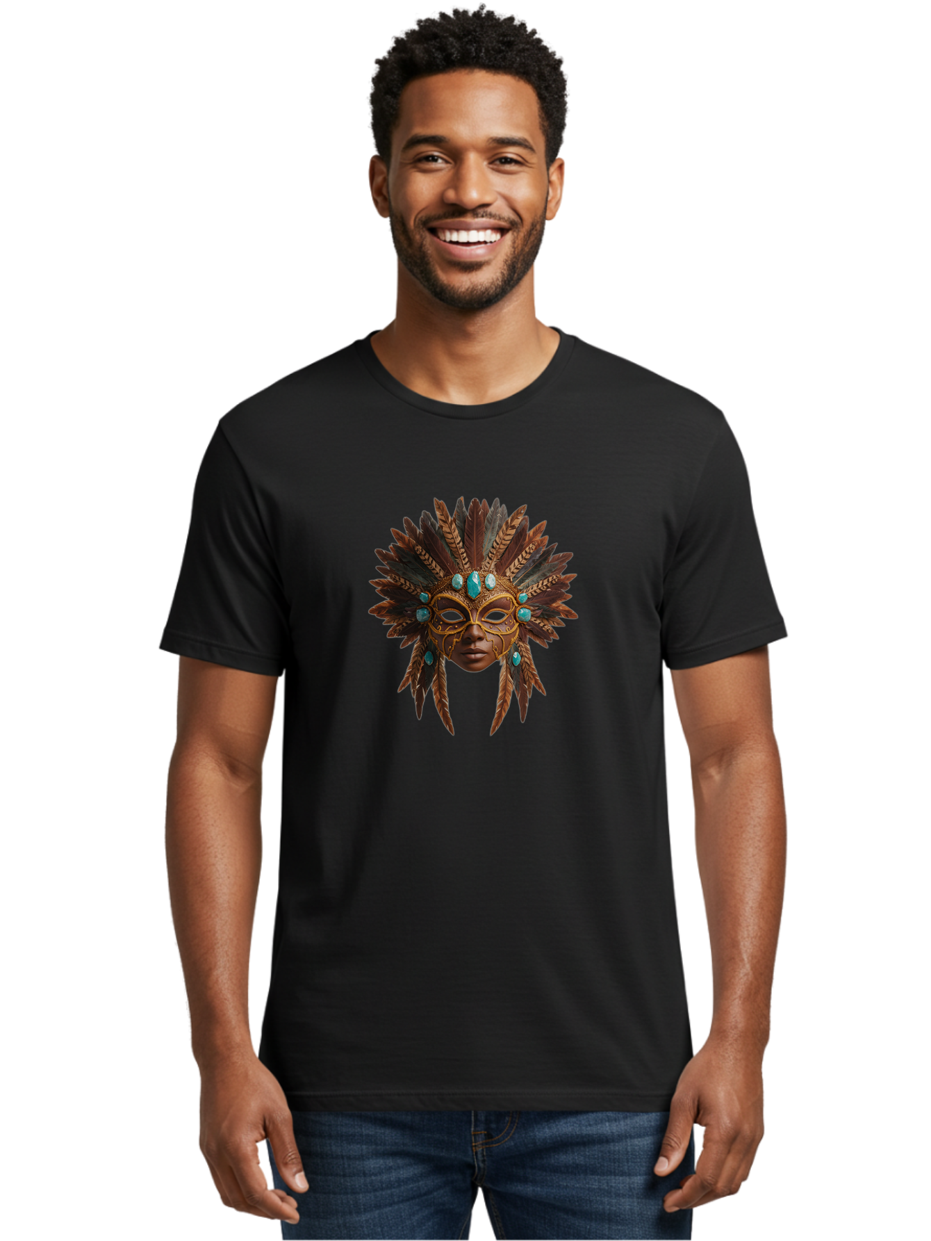 Venetian-Mask-1 Men'S Graphic Tee, 100% Cotton, Comfortable Casual Summer Wear, Machine Washable, Golden Mask, Feathered Headdress, Blue Jewels, Mysterious, Elegant, Luxury, Masquerade, Decorative, Ornate, Intricate Bad888