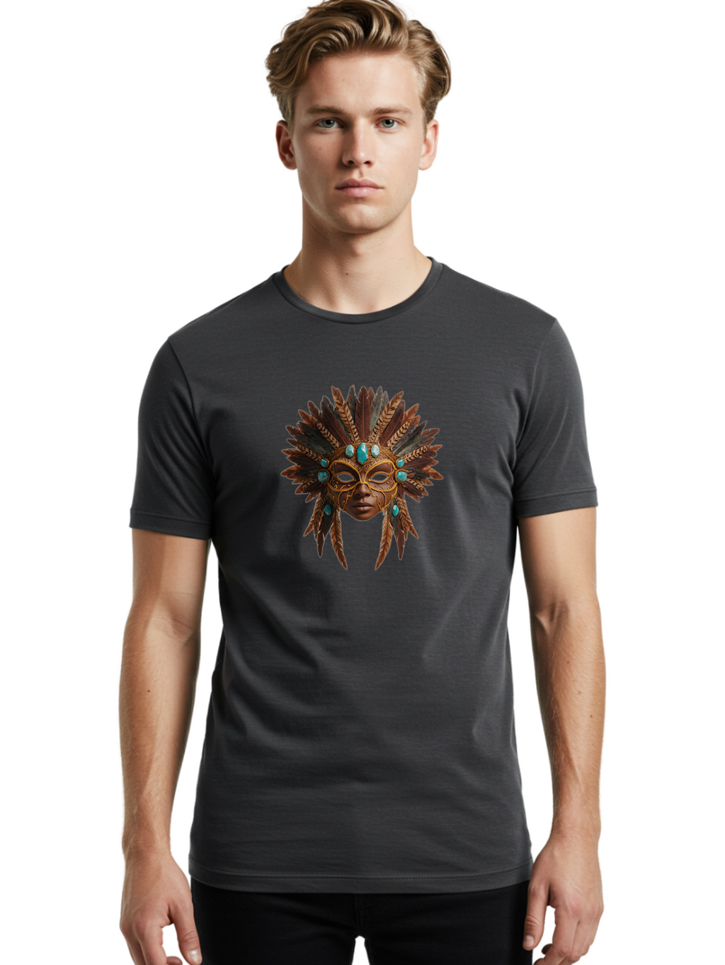 Venetian-Mask-1 Men'S Graphic Tee, 100% Cotton, Comfortable Casual Summer Wear, Machine Washable, Golden Mask, Feathered Headdress, Blue Jewels, Mysterious, Elegant, Luxury, Masquerade, Decorative, Ornate, Intricate Bad888