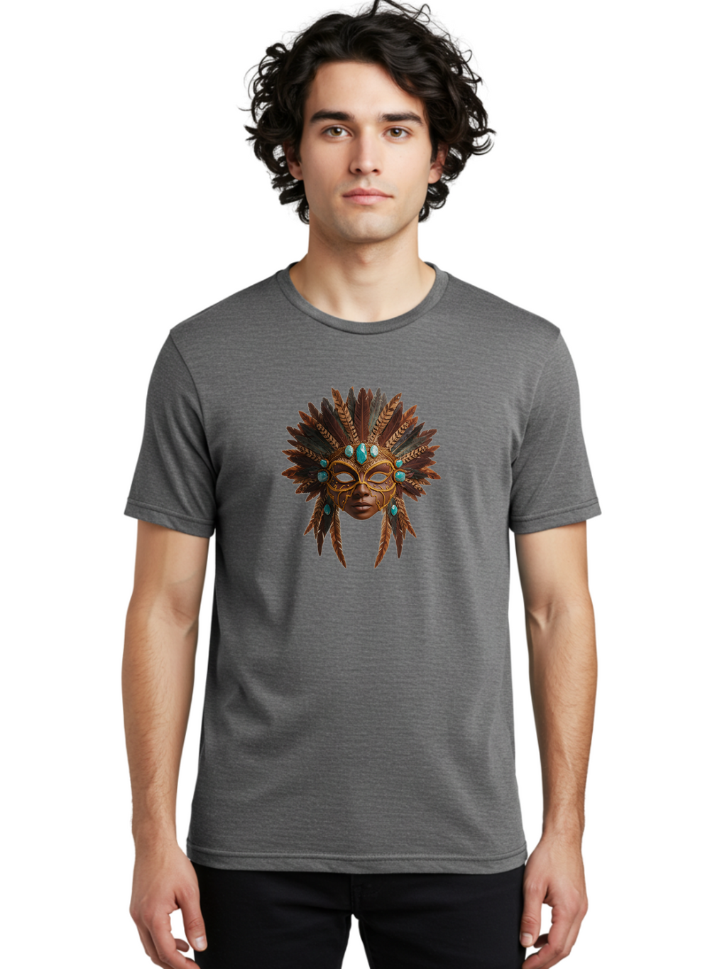 Venetian-Mask-1 Men'S Graphic Tee, 100% Cotton, Comfortable Casual Summer Wear, Machine Washable, Golden Mask, Feathered Headdress, Blue Jewels, Mysterious, Elegant, Luxury, Masquerade, Decorative, Ornate, Intricate Bad888
