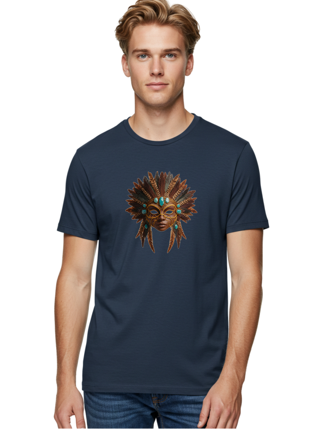 Venetian-Mask-1 Men'S Graphic Tee, 100% Cotton, Comfortable Casual Summer Wear, Machine Washable, Golden Mask, Feathered Headdress, Blue Jewels, Mysterious, Elegant, Luxury, Masquerade, Decorative, Ornate, Intricate Bad888