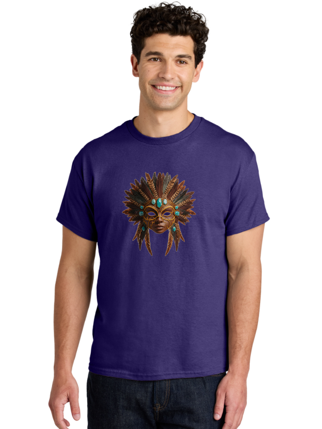 Venetian-Mask-1 Men'S Graphic Tee, 100% Cotton, Comfortable Casual Summer Wear, Machine Washable, Golden Mask, Feathered Headdress, Blue Jewels, Mysterious, Elegant, Luxury, Masquerade, Decorative, Ornate, Intricate Bad888