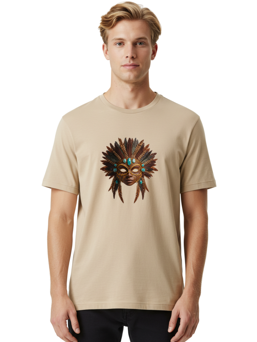 Venetian-Mask-1 Men'S Graphic Tee, 100% Cotton, Comfortable Casual Summer Wear, Machine Washable, Golden Mask, Feathered Headdress, Blue Jewels, Mysterious, Elegant, Luxury, Masquerade, Decorative, Ornate, Intricate Bad888