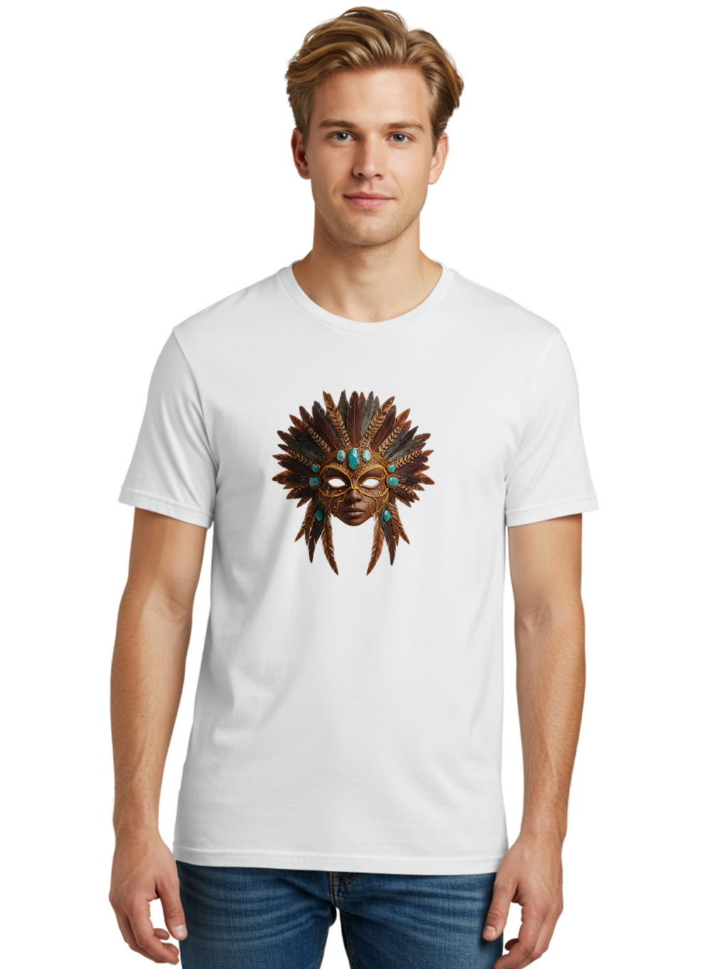 Venetian-Mask-1 Men'S Graphic Tee, 100% Cotton, Comfortable Casual Summer Wear, Machine Washable, Golden Mask, Feathered Headdress, Blue Jewels, Mysterious, Elegant, Luxury, Masquerade, Decorative, Ornate, Intricate Bad888