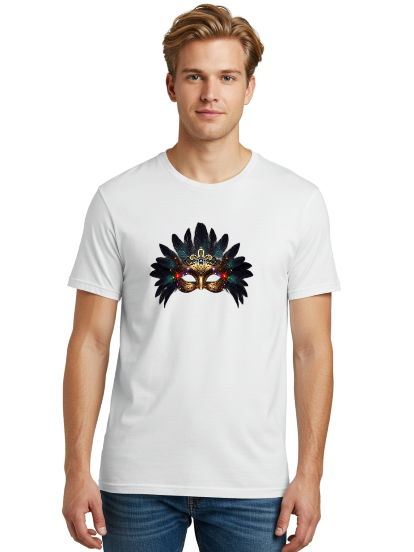 Venetian-Mask-2 Men'S Graphic Tee, 100% Cotton, Comfortable Casual Summer Wear, Machine Washable, Golden Mask, Venetian Mask, Carnival Attire, Masquerade Ball, Decorative Feathers, Gemstone Embellishments, Festive Accessories, Bad889