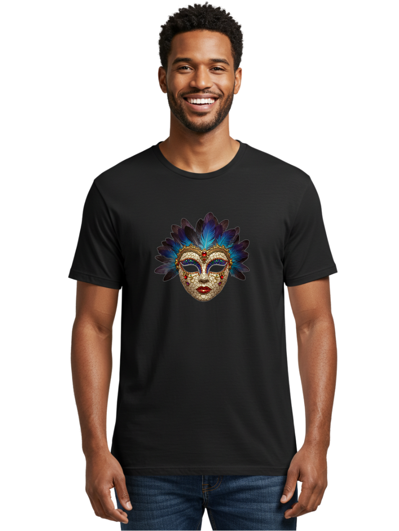 Venetian-Mask-3 Men'S Graphic Tee, 100% Cotton, Comfortable Casual Summer Wear, Machine Washable, Masquerade Ball, Venetian Mask, Luxury Fashion, Gold Accents, Red Lips, Rhinestones, Blue Feathers, Dramatic Design, Mysterious Allure, Bad890