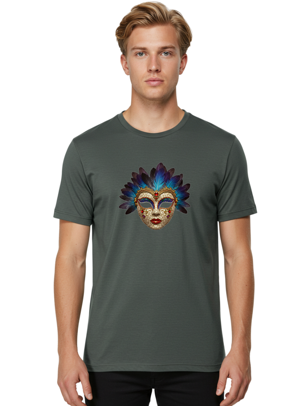 Venetian-Mask-3 Men'S Graphic Tee, 100% Cotton, Comfortable Casual Summer Wear, Machine Washable, Masquerade Ball, Venetian Mask, Luxury Fashion, Gold Accents, Red Lips, Rhinestones, Blue Feathers, Dramatic Design, Mysterious Allure, Bad890