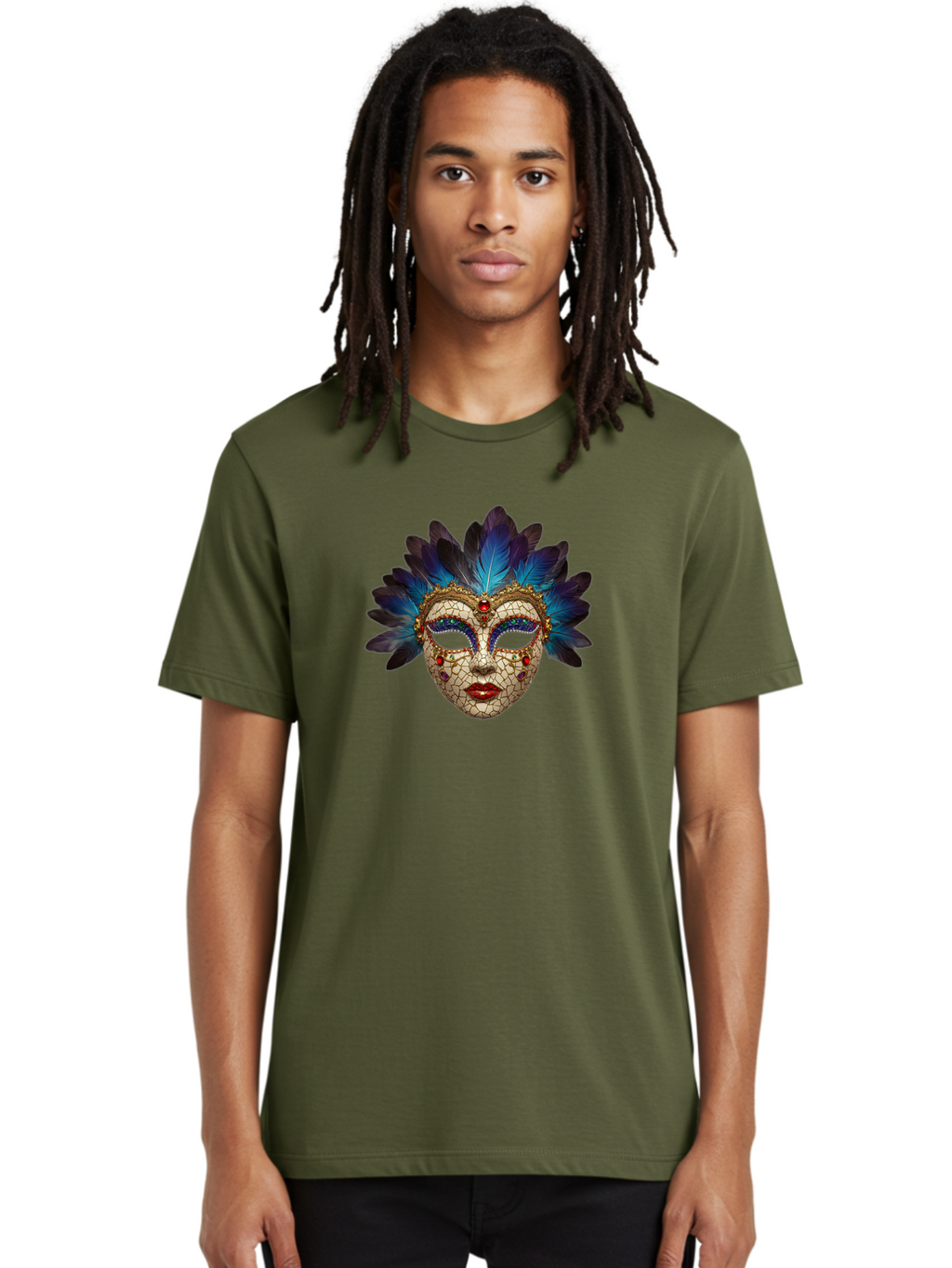 Venetian-Mask-3 Men'S Graphic Tee, 100% Cotton, Comfortable Casual Summer Wear, Machine Washable, Masquerade Ball, Venetian Mask, Luxury Fashion, Gold Accents, Red Lips, Rhinestones, Blue Feathers, Dramatic Design, Mysterious Allure, Bad890