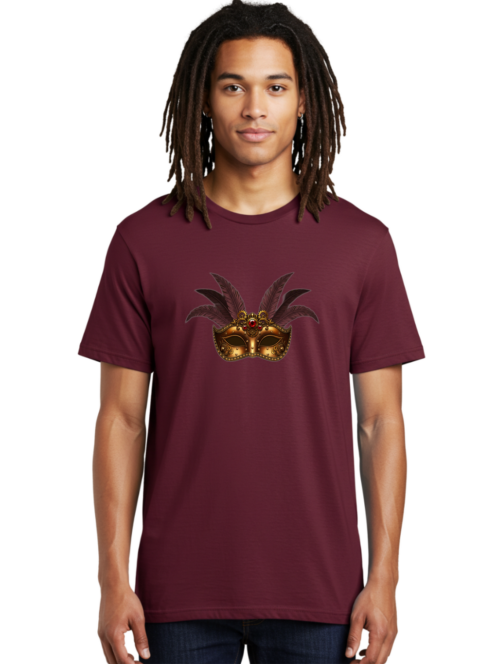 Venetian-Mask Men'S Graphic Tee, 100% Cotton, Comfortable Casual Summer Wear, Machine Washable, Golden Mask With Feathers, Venetian Mask, Carnival Mask, Red Jewel, Luxurious Design, Decorative Mask, Masquerade Ball Bad893