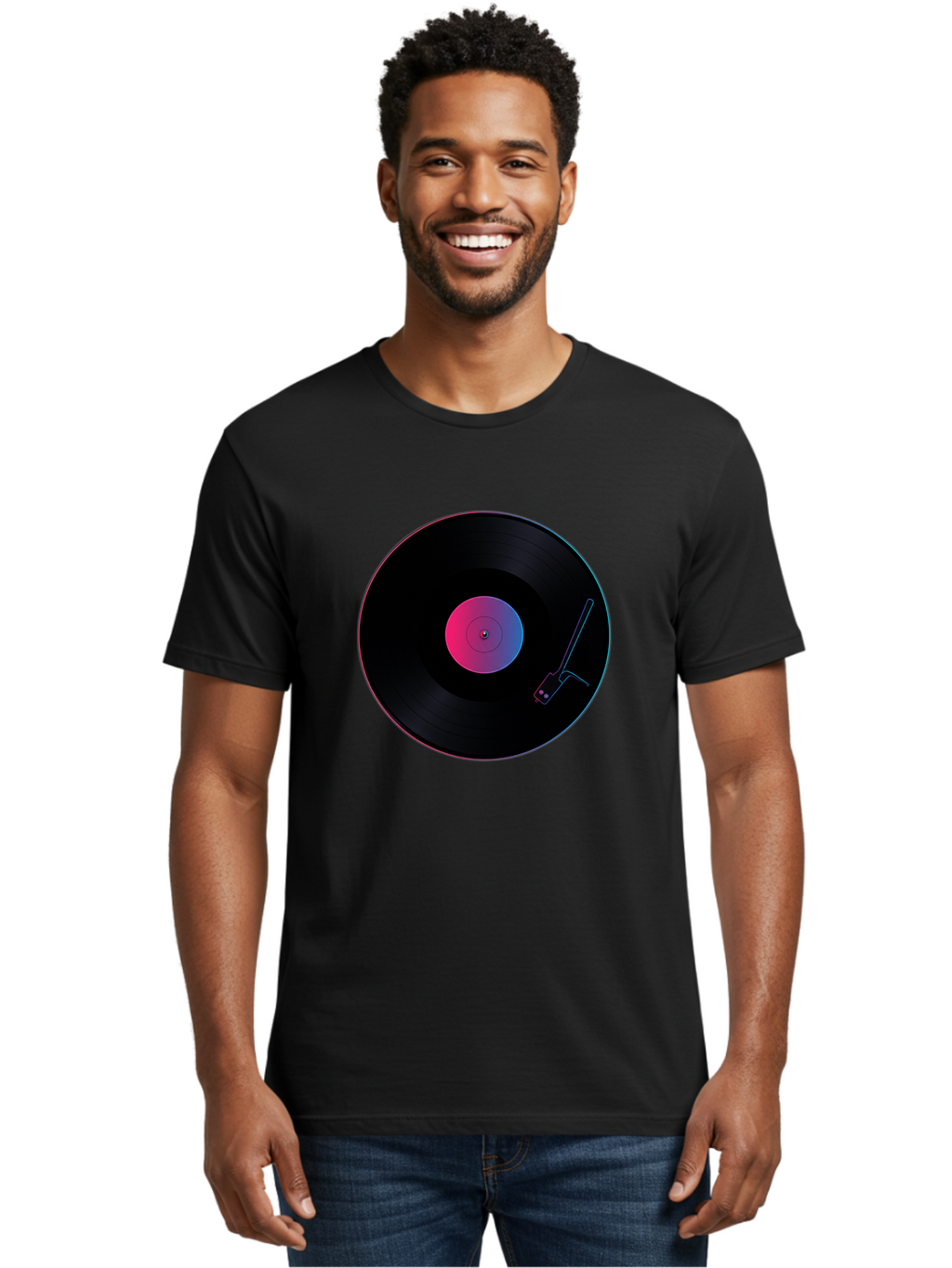Vinyl-Record-Player Men'S Graphic Tee, 100% Cotton, Comfortable Casual Summer Wear, Machine Washable, Vinyl Record, Record Player, Music Lover, Dj Culture, Retro Vibe, Black Vinyl, Neon Glow, Music Nostalgia, Vinyl Collection, Turntable Art Bad903