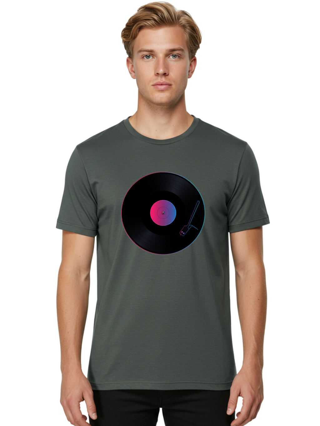 Vinyl-Record-Player Men'S Graphic Tee, 100% Cotton, Comfortable Casual Summer Wear, Machine Washable, Vinyl Record, Record Player, Music Lover, Dj Culture, Retro Vibe, Black Vinyl, Neon Glow, Music Nostalgia, Vinyl Collection, Turntable Art Bad903
