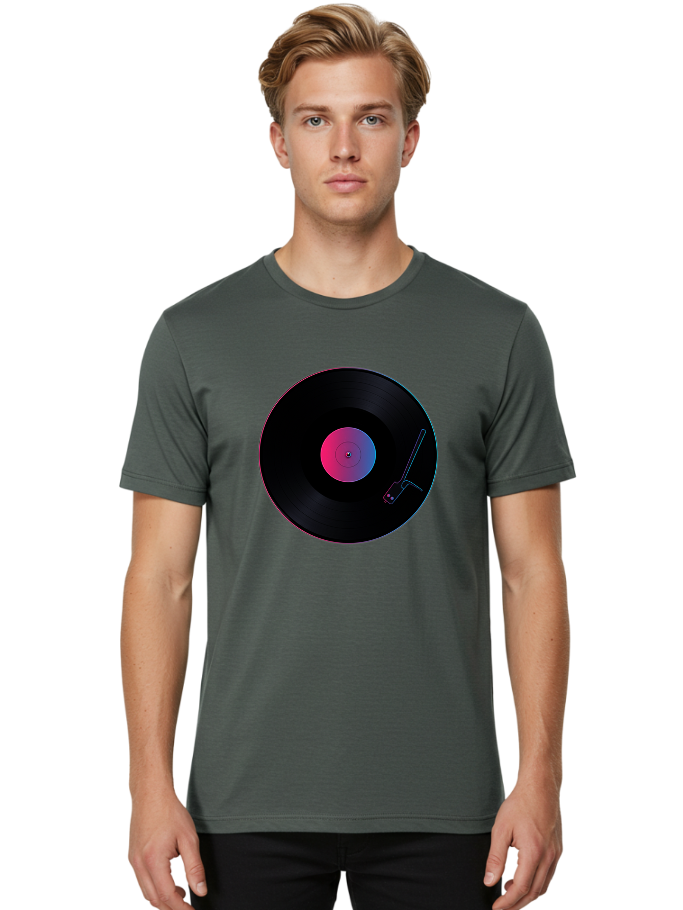 Vinyl-Record-Player Men'S Graphic Tee, 100% Cotton, Comfortable Casual Summer Wear, Machine Washable, Vinyl Record, Record Player, Music Lover, Dj Culture, Retro Vibe, Black Vinyl, Neon Glow, Music Nostalgia, Vinyl Collection, Turntable Art Bad903