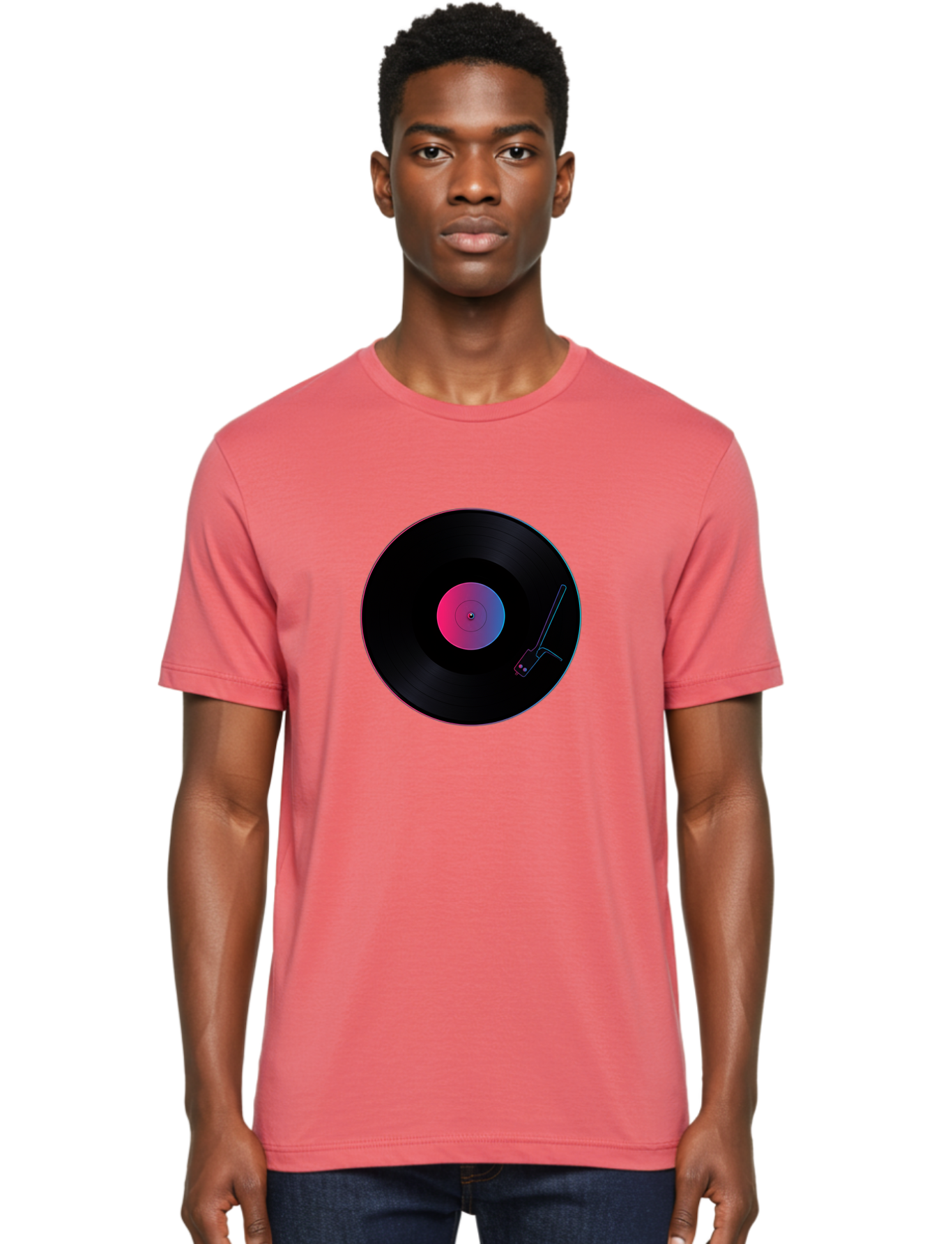 Vinyl-Record-Player Men'S Graphic Tee, 100% Cotton, Comfortable Casual Summer Wear, Machine Washable, Vinyl Record, Record Player, Music Lover, Dj Culture, Retro Vibe, Black Vinyl, Neon Glow, Music Nostalgia, Vinyl Collection, Turntable Art Bad903