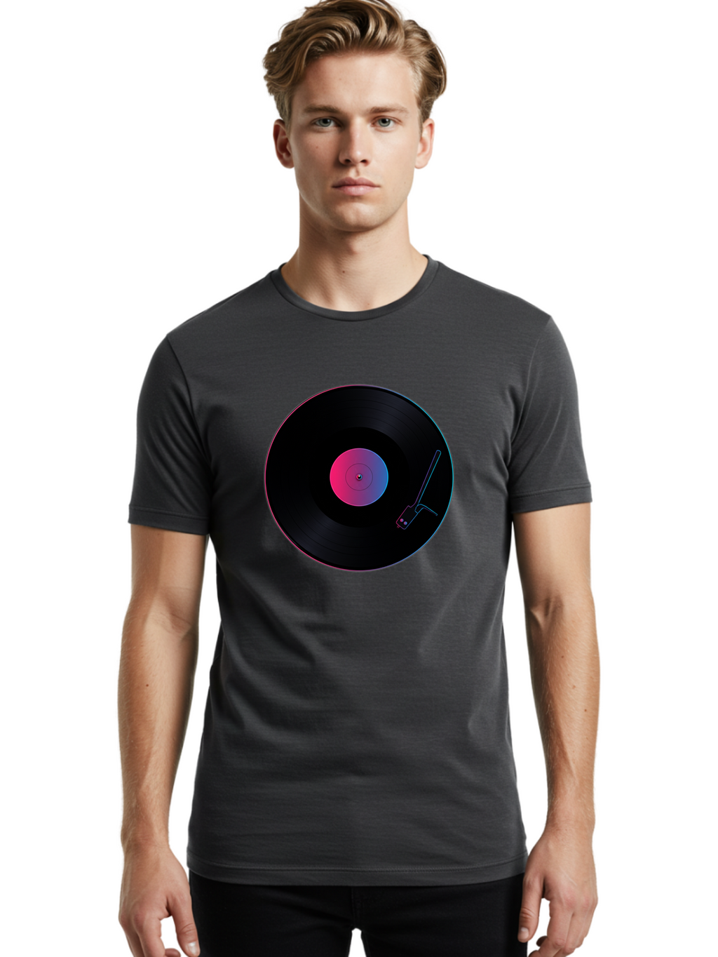 Vinyl-Record-Player Men'S Graphic Tee, 100% Cotton, Comfortable Casual Summer Wear, Machine Washable, Vinyl Record, Record Player, Music Lover, Dj Culture, Retro Vibe, Black Vinyl, Neon Glow, Music Nostalgia, Vinyl Collection, Turntable Art Bad903