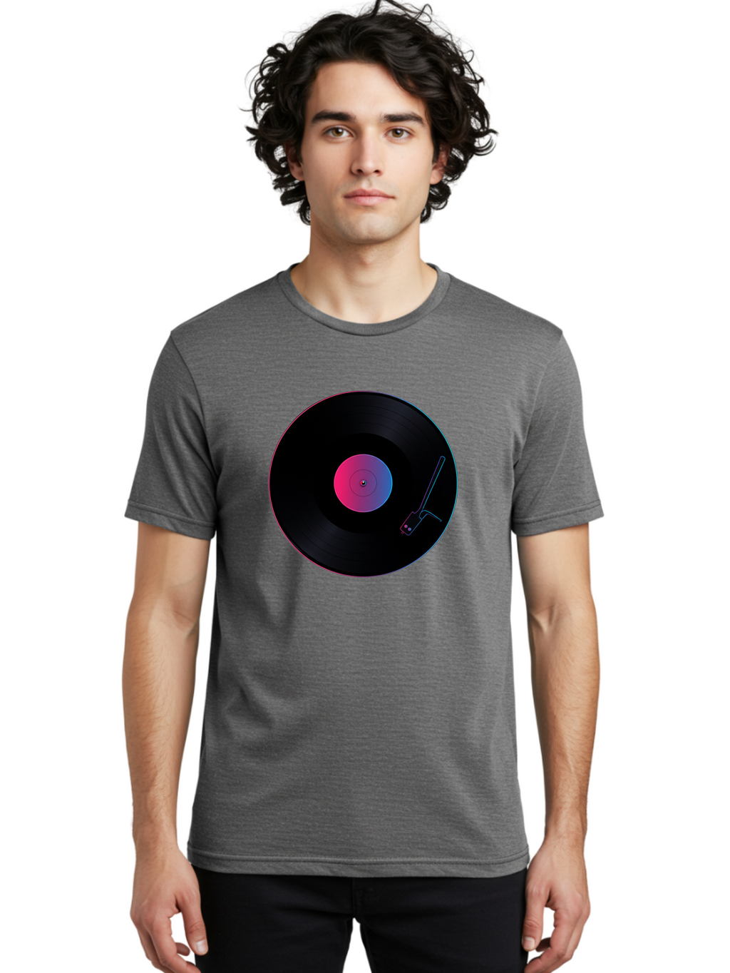Vinyl-Record-Player Men'S Graphic Tee, 100% Cotton, Comfortable Casual Summer Wear, Machine Washable, Vinyl Record, Record Player, Music Lover, Dj Culture, Retro Vibe, Black Vinyl, Neon Glow, Music Nostalgia, Vinyl Collection, Turntable Art Bad903