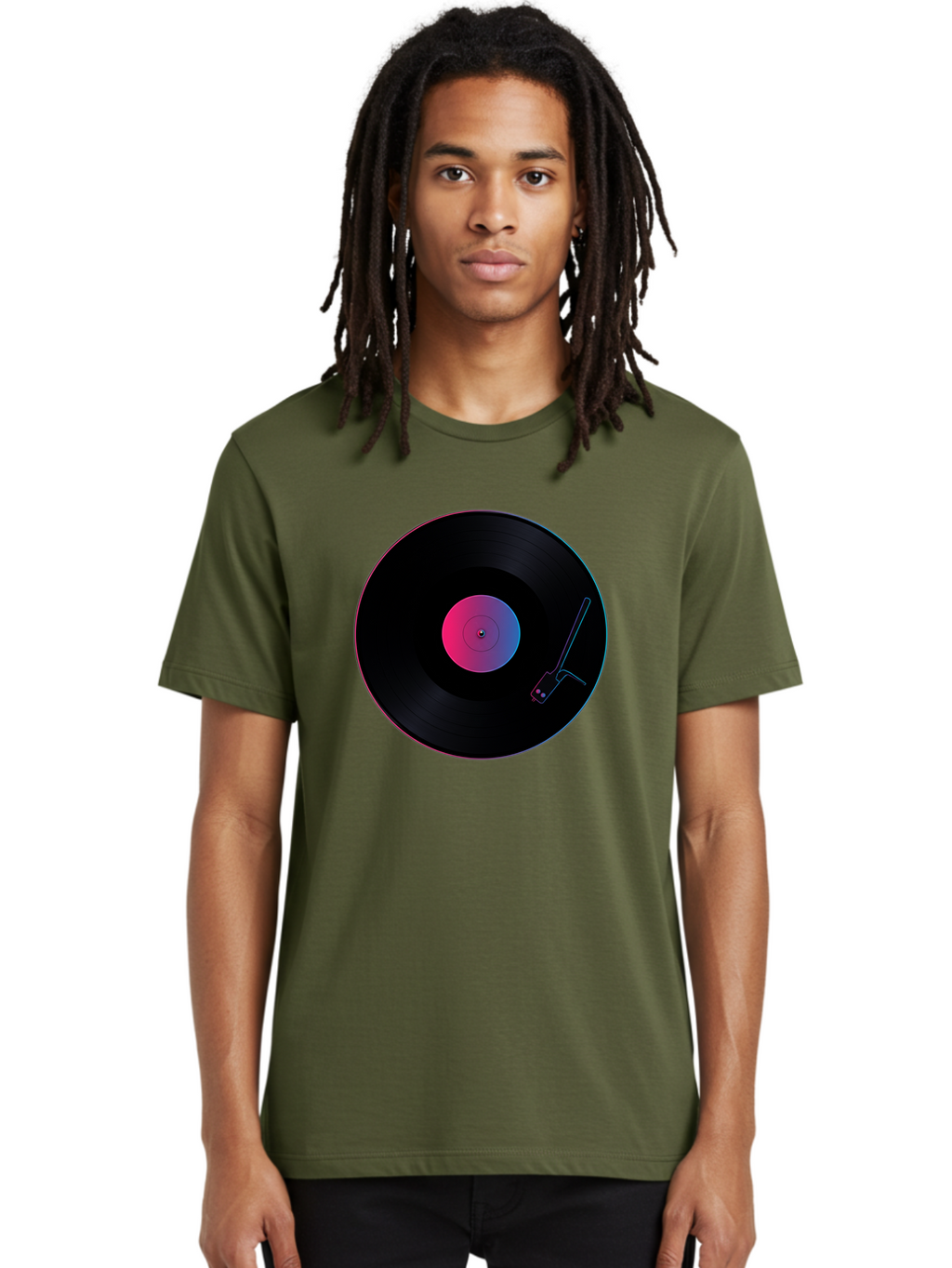 Vinyl-Record-Player Men'S Graphic Tee, 100% Cotton, Comfortable Casual Summer Wear, Machine Washable, Vinyl Record, Record Player, Music Lover, Dj Culture, Retro Vibe, Black Vinyl, Neon Glow, Music Nostalgia, Vinyl Collection, Turntable Art Bad903