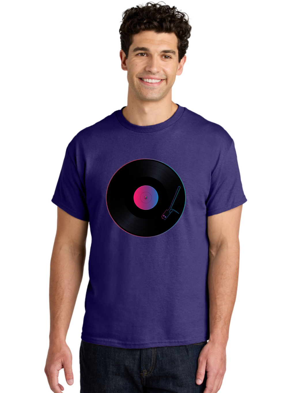 Vinyl-Record-Player Men'S Graphic Tee, 100% Cotton, Comfortable Casual Summer Wear, Machine Washable, Vinyl Record, Record Player, Music Lover, Dj Culture, Retro Vibe, Black Vinyl, Neon Glow, Music Nostalgia, Vinyl Collection, Turntable Art Bad903