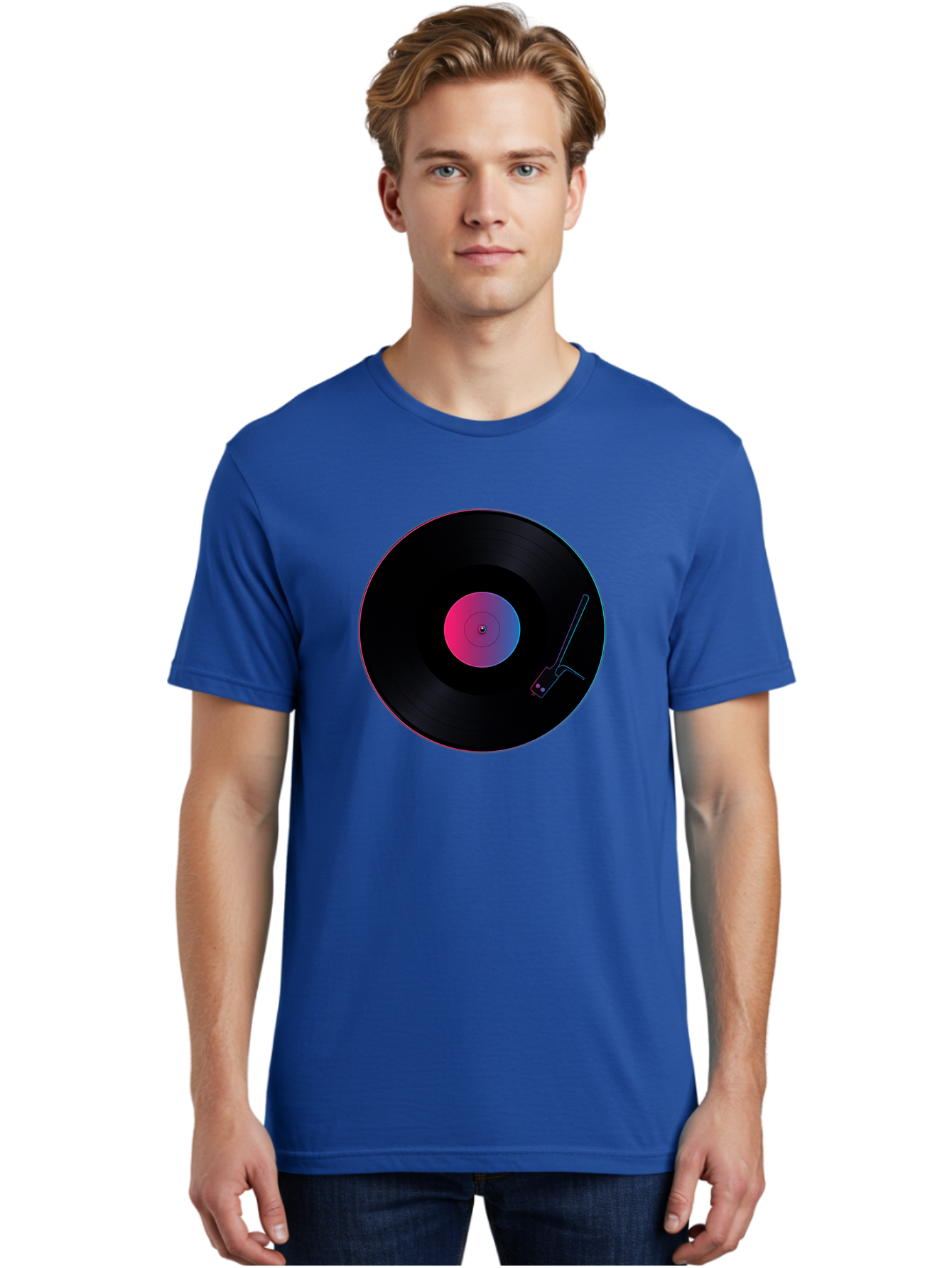Vinyl-Record-Player Men'S Graphic Tee, 100% Cotton, Comfortable Casual Summer Wear, Machine Washable, Vinyl Record, Record Player, Music Lover, Dj Culture, Retro Vibe, Black Vinyl, Neon Glow, Music Nostalgia, Vinyl Collection, Turntable Art Bad903