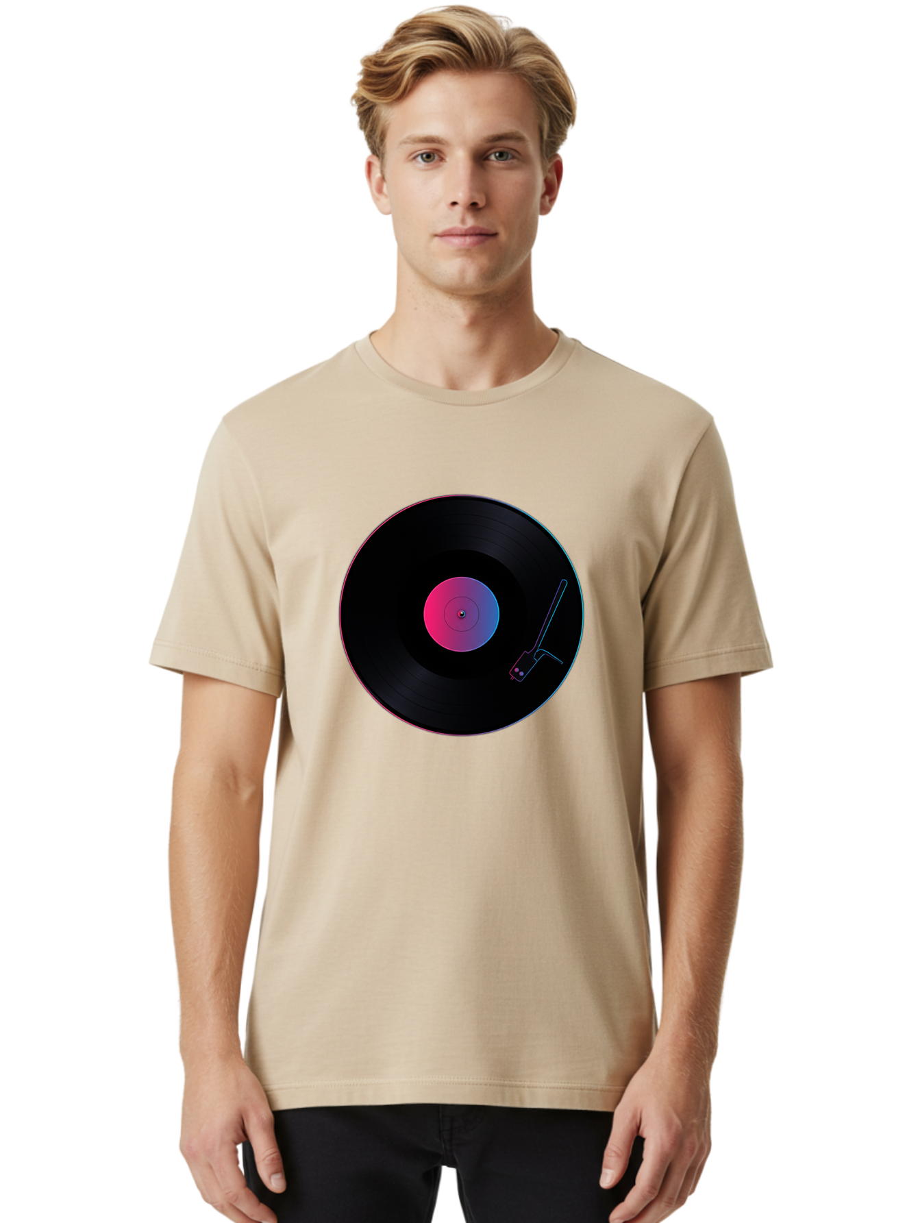 Vinyl-Record-Player Men'S Graphic Tee, 100% Cotton, Comfortable Casual Summer Wear, Machine Washable, Vinyl Record, Record Player, Music Lover, Dj Culture, Retro Vibe, Black Vinyl, Neon Glow, Music Nostalgia, Vinyl Collection, Turntable Art Bad903