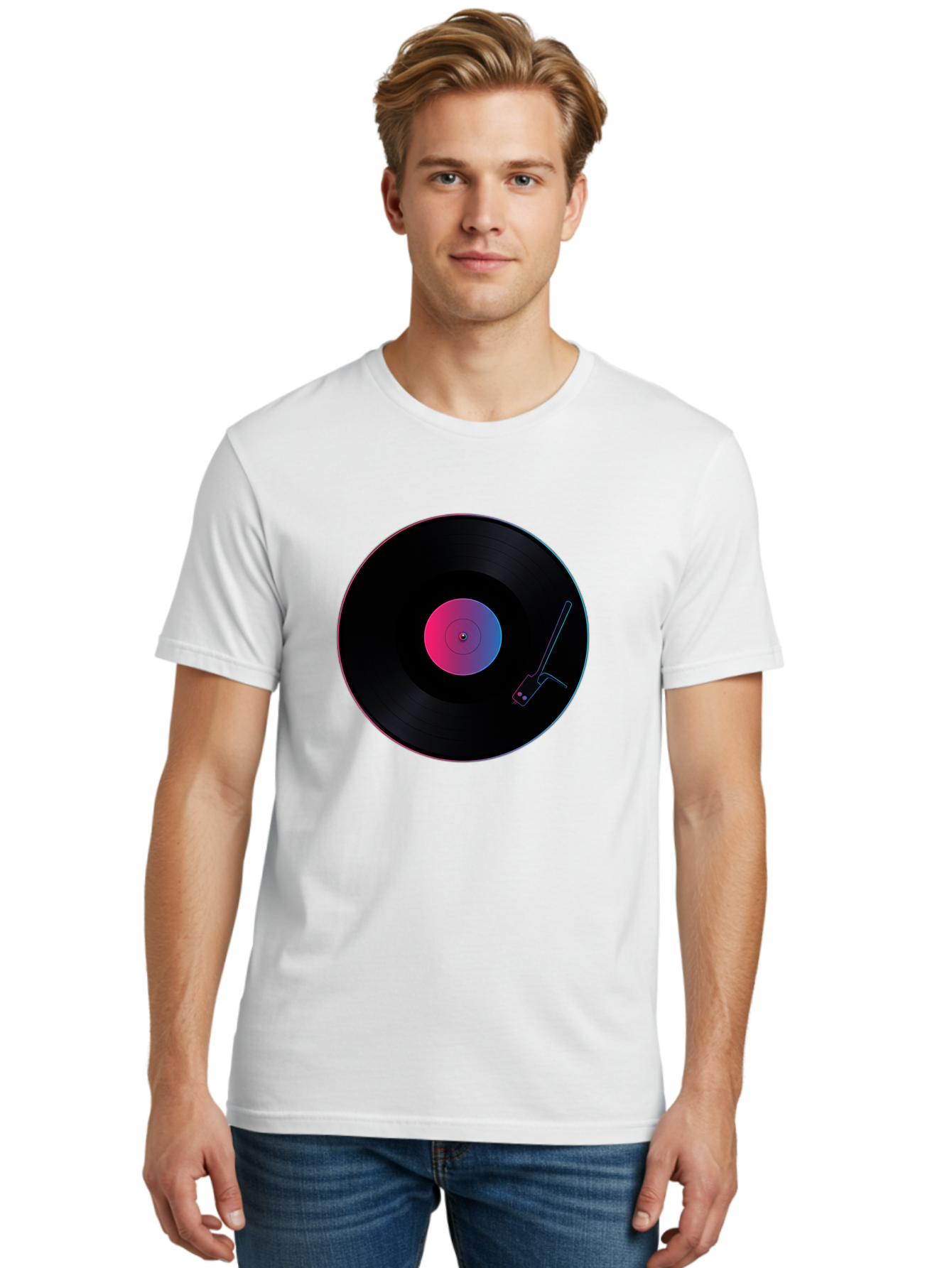 Vinyl-Record-Player Men'S Graphic Tee, 100% Cotton, Comfortable Casual Summer Wear, Machine Washable, Vinyl Record, Record Player, Music Lover, Dj Culture, Retro Vibe, Black Vinyl, Neon Glow, Music Nostalgia, Vinyl Collection, Turntable Art Bad903