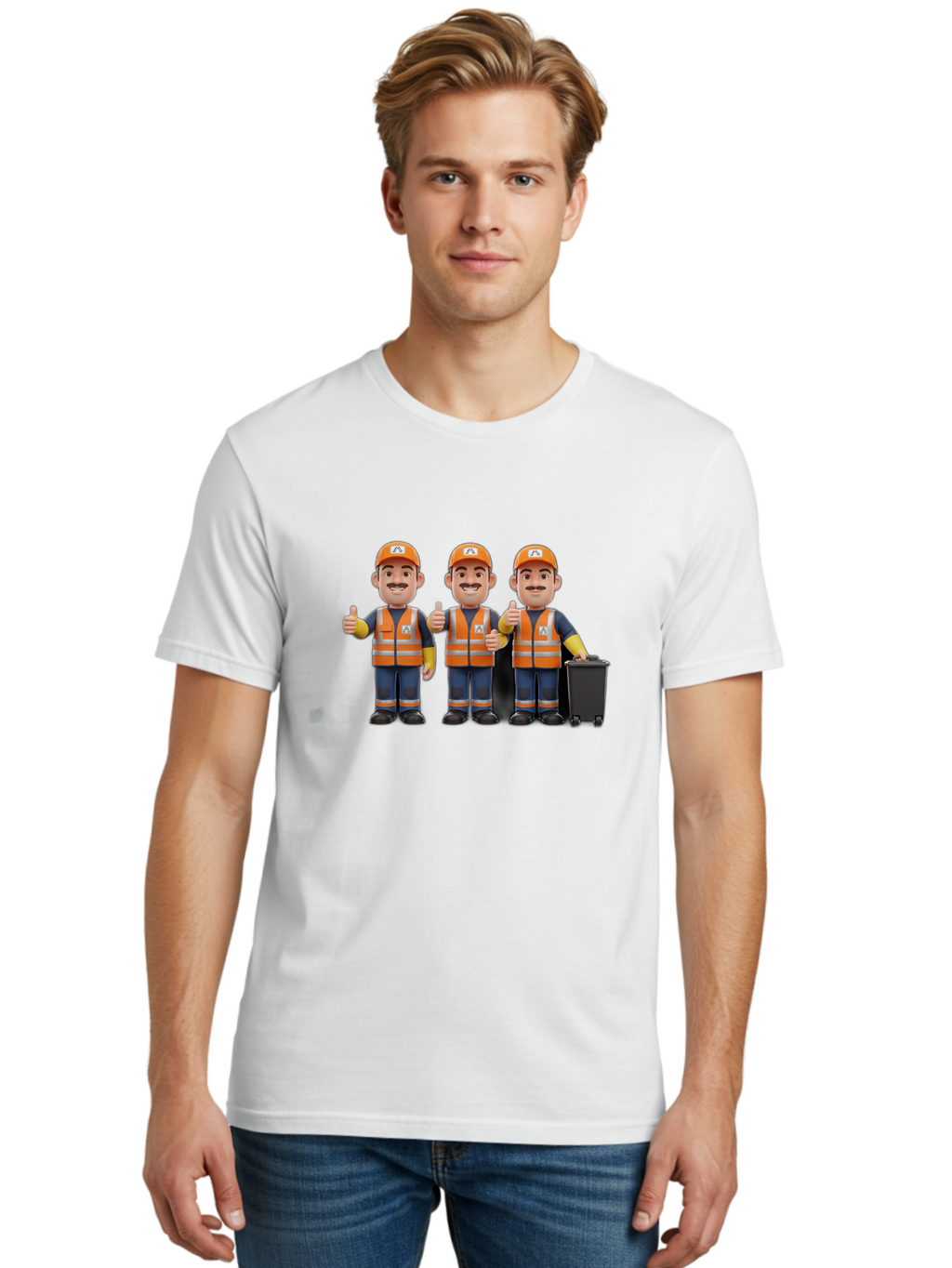 Waste-Management-Workers Men'S Graphic Tee, 100% Cotton, Comfortable Casual Summer Wear, Machine Washable, 3D Illustration, Waste Management Workers, Thumbs Up, Orange Safety Vests, Black Trash Bin, Customer Satisfaction, Bad908