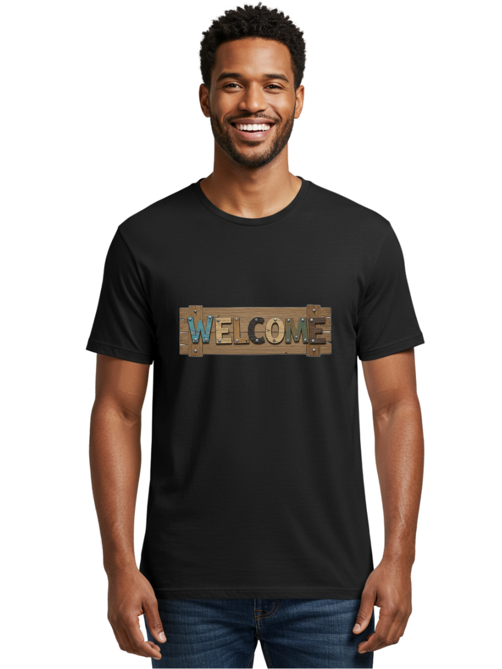 Welcome Men'S Graphic Tee, 100% Cotton, Comfortable Casual Summer Wear, Machine Washable, Wooden Welcome Sign, Rustic Design, Colorful Letters, Metal Rivets, Vintage Feel, Country Charm, Wooden Texture, Greeting Sign Bad910