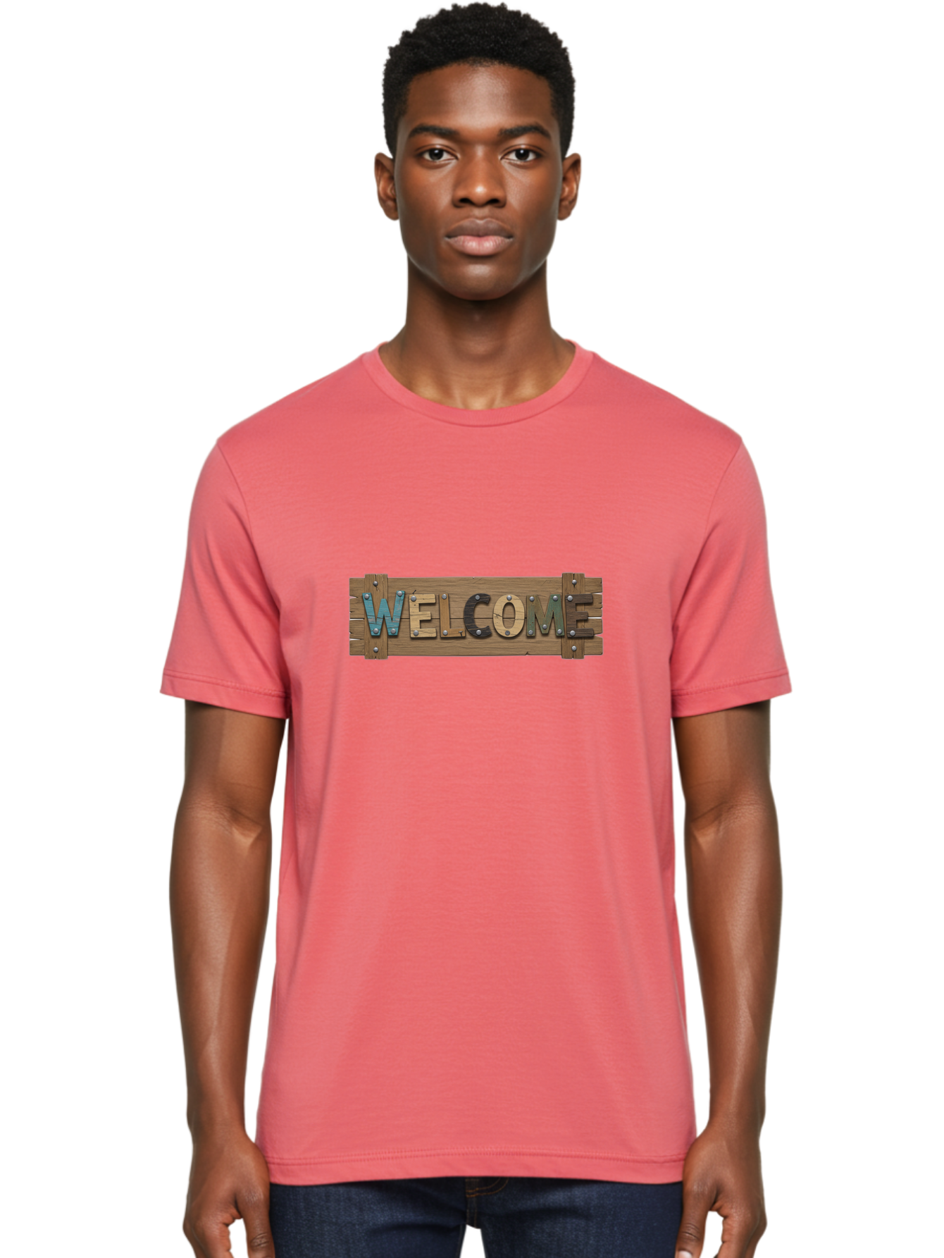Welcome Men'S Graphic Tee, 100% Cotton, Comfortable Casual Summer Wear, Machine Washable, Wooden Welcome Sign, Rustic Design, Colorful Letters, Metal Rivets, Vintage Feel, Country Charm, Wooden Texture, Greeting Sign Bad910
