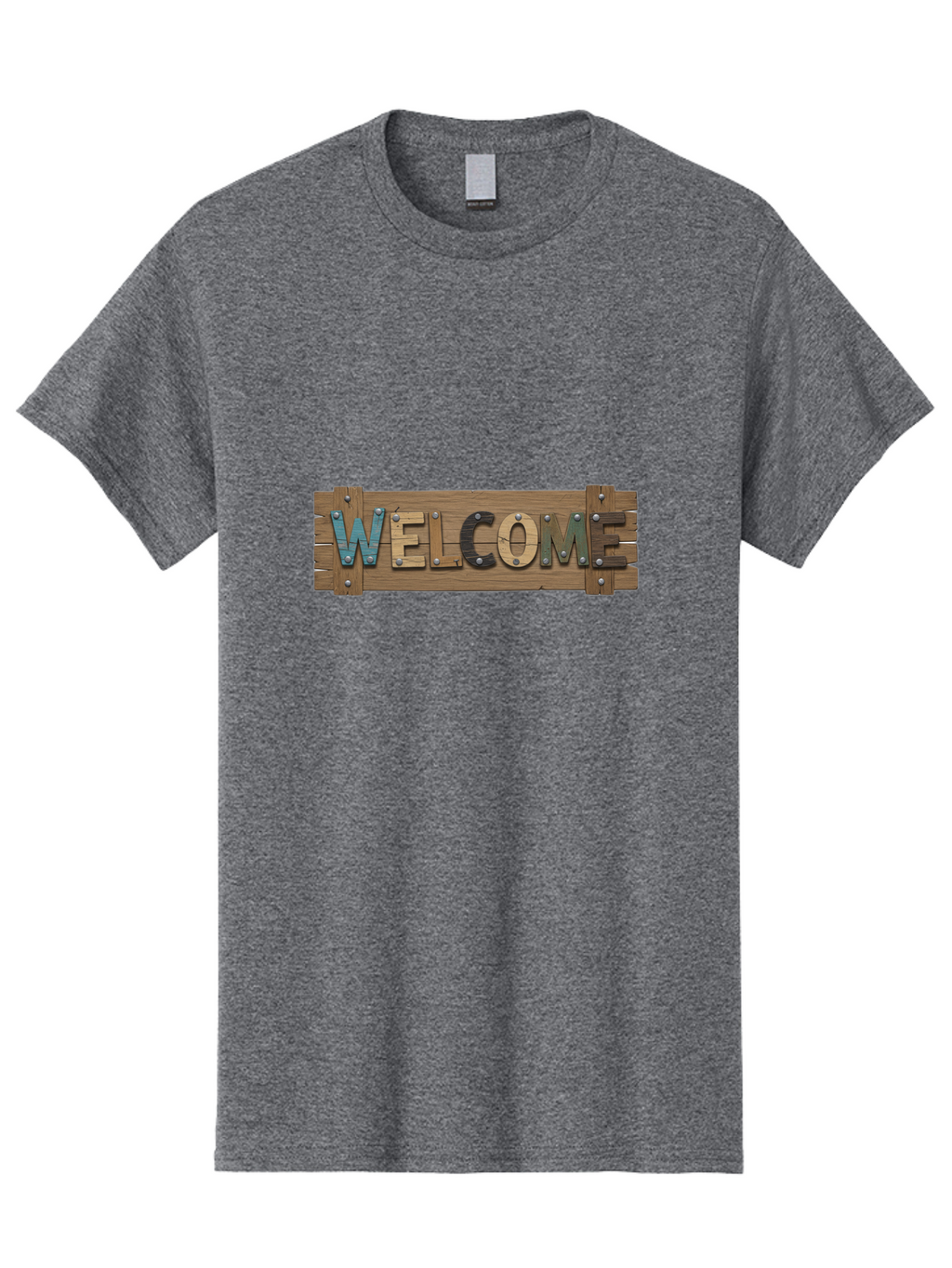 Welcome Men'S Graphic Tee, 100% Cotton, Comfortable Casual Summer Wear, Machine Washable, Wooden Welcome Sign, Rustic Design, Colorful Letters, Metal Rivets, Vintage Feel, Country Charm, Wooden Texture, Greeting Sign Bad910