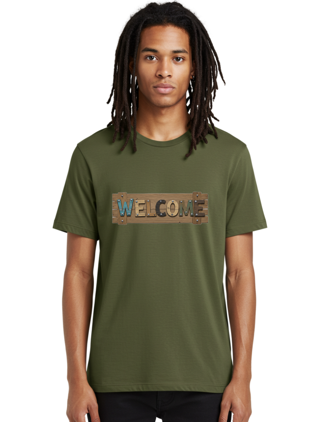 Welcome Men'S Graphic Tee, 100% Cotton, Comfortable Casual Summer Wear, Machine Washable, Wooden Welcome Sign, Rustic Design, Colorful Letters, Metal Rivets, Vintage Feel, Country Charm, Wooden Texture, Greeting Sign Bad910