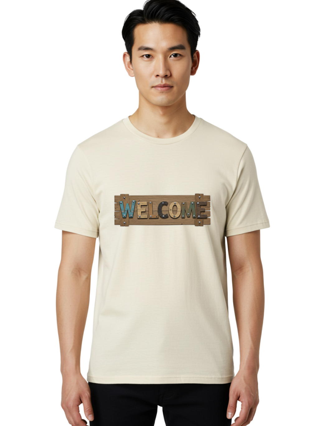 Welcome Men'S Graphic Tee, 100% Cotton, Comfortable Casual Summer Wear, Machine Washable, Wooden Welcome Sign, Rustic Design, Colorful Letters, Metal Rivets, Vintage Feel, Country Charm, Wooden Texture, Greeting Sign Bad910
