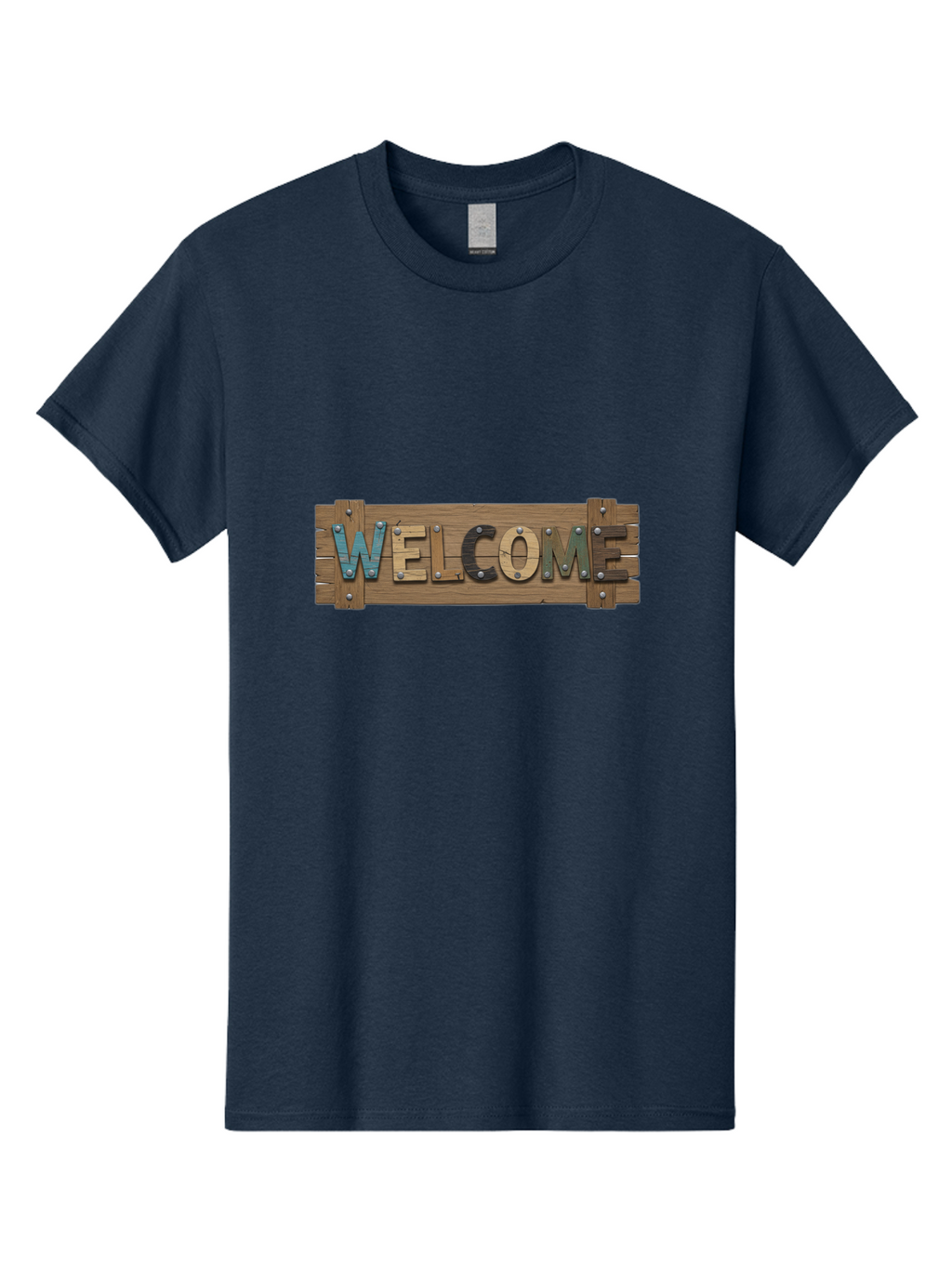 Welcome Men'S Graphic Tee, 100% Cotton, Comfortable Casual Summer Wear, Machine Washable, Wooden Welcome Sign, Rustic Design, Colorful Letters, Metal Rivets, Vintage Feel, Country Charm, Wooden Texture, Greeting Sign Bad910