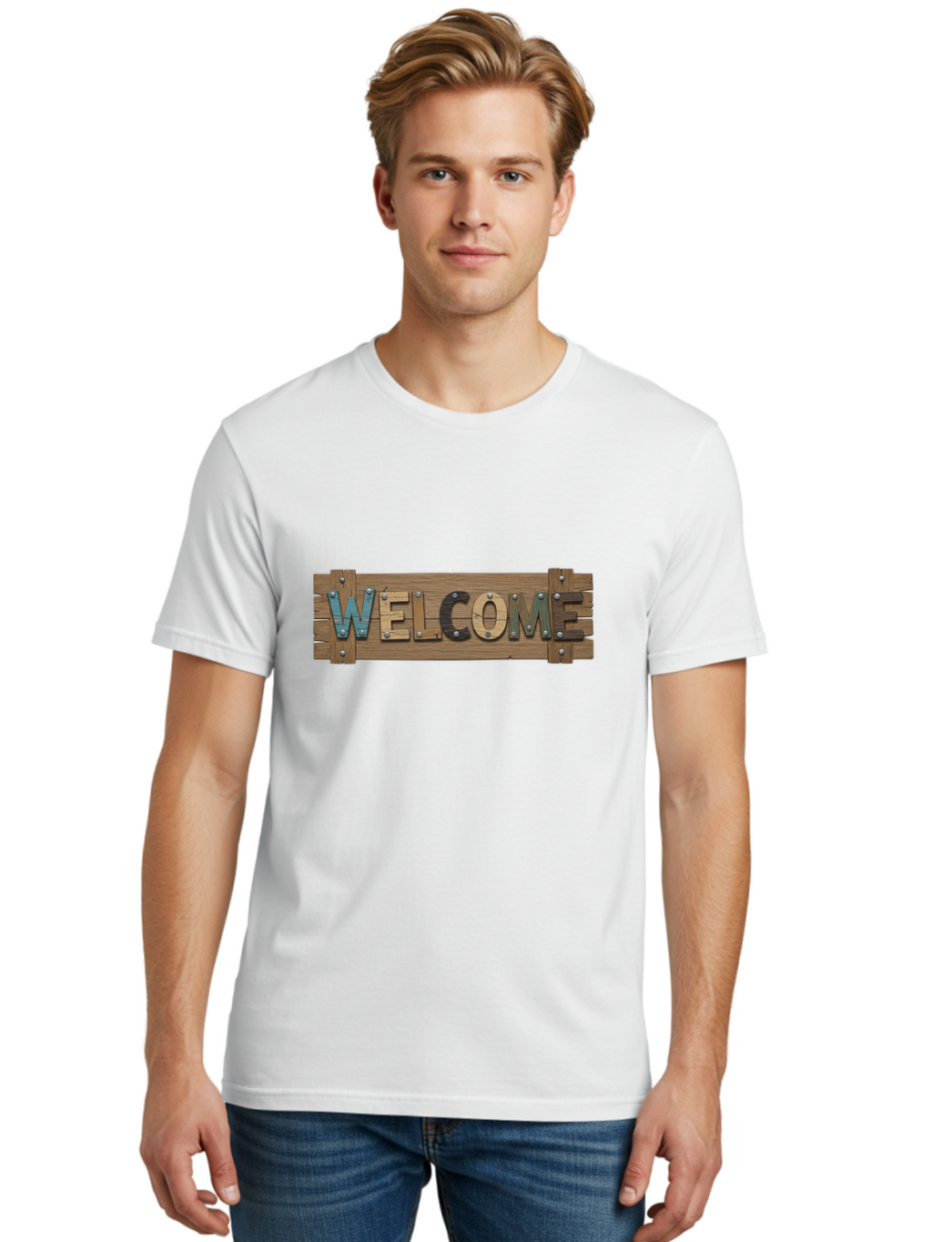 Welcome Men'S Graphic Tee, 100% Cotton, Comfortable Casual Summer Wear, Machine Washable, Wooden Welcome Sign, Rustic Design, Colorful Letters, Metal Rivets, Vintage Feel, Country Charm, Wooden Texture, Greeting Sign Bad910