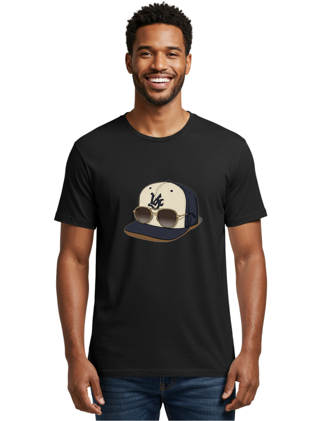 Wfc-Baseball-Cap Men'S Graphic Tee, 100% Cotton, Comfortable Casual Summer Wear, Machine Washable, Baseball Cap, Sunglasses, Gold Frames, Dark Lenses, Navy Blue, White Cap, Vc Logo, Stylish Accessories, Trendy Fashion, Casual Wear Bad911
