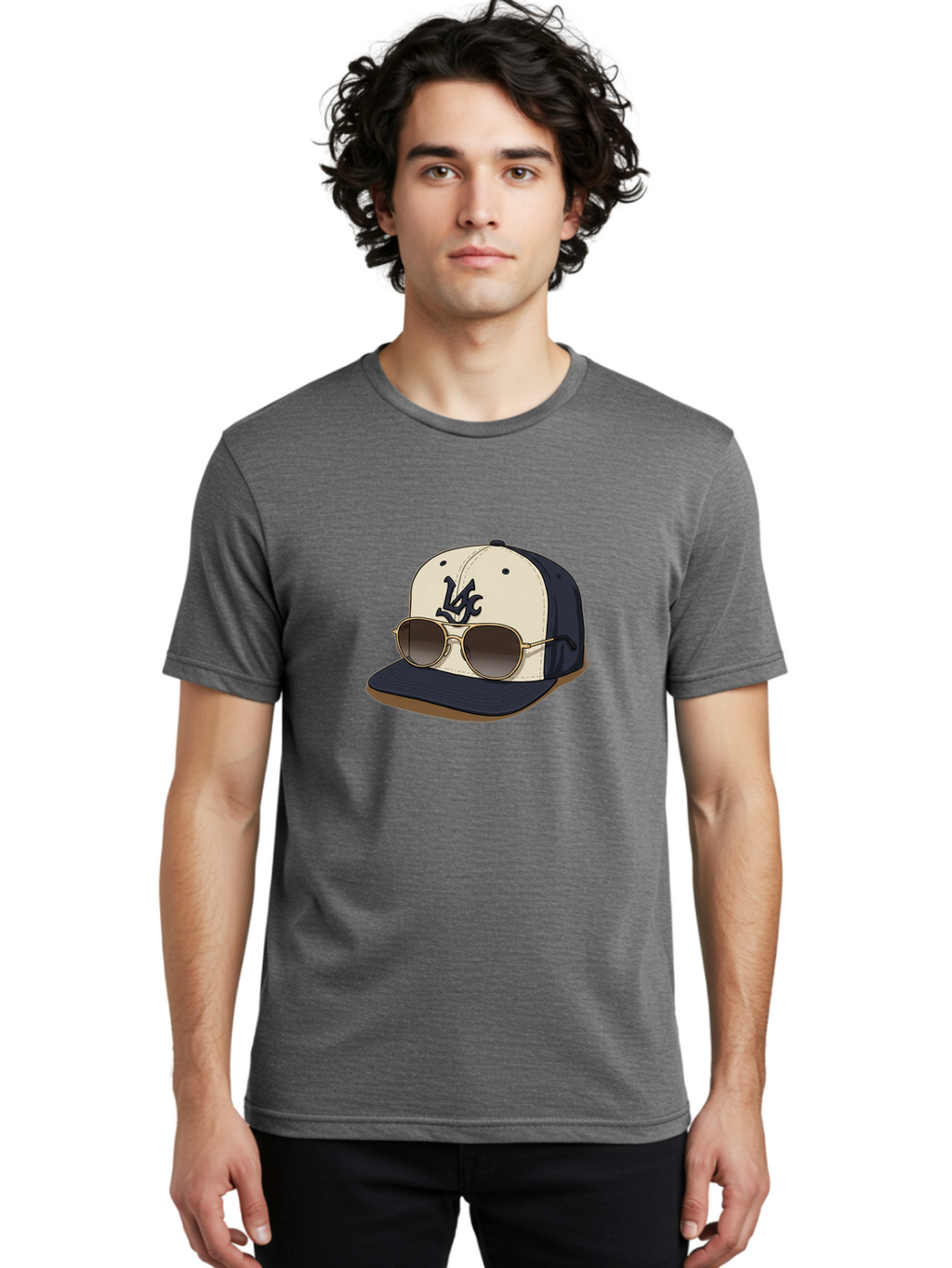 Wfc-Baseball-Cap Men'S Graphic Tee, 100% Cotton, Comfortable Casual Summer Wear, Machine Washable, Baseball Cap, Sunglasses, Gold Frames, Dark Lenses, Navy Blue, White Cap, Vc Logo, Stylish Accessories, Trendy Fashion, Casual Wear Bad911