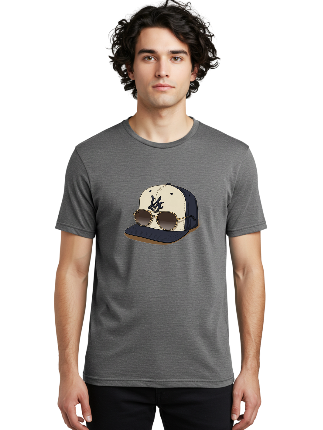 Wfc-Baseball-Cap Men'S Graphic Tee, 100% Cotton, Comfortable Casual Summer Wear, Machine Washable, Baseball Cap, Sunglasses, Gold Frames, Dark Lenses, Navy Blue, White Cap, Vc Logo, Stylish Accessories, Trendy Fashion, Casual Wear Bad911